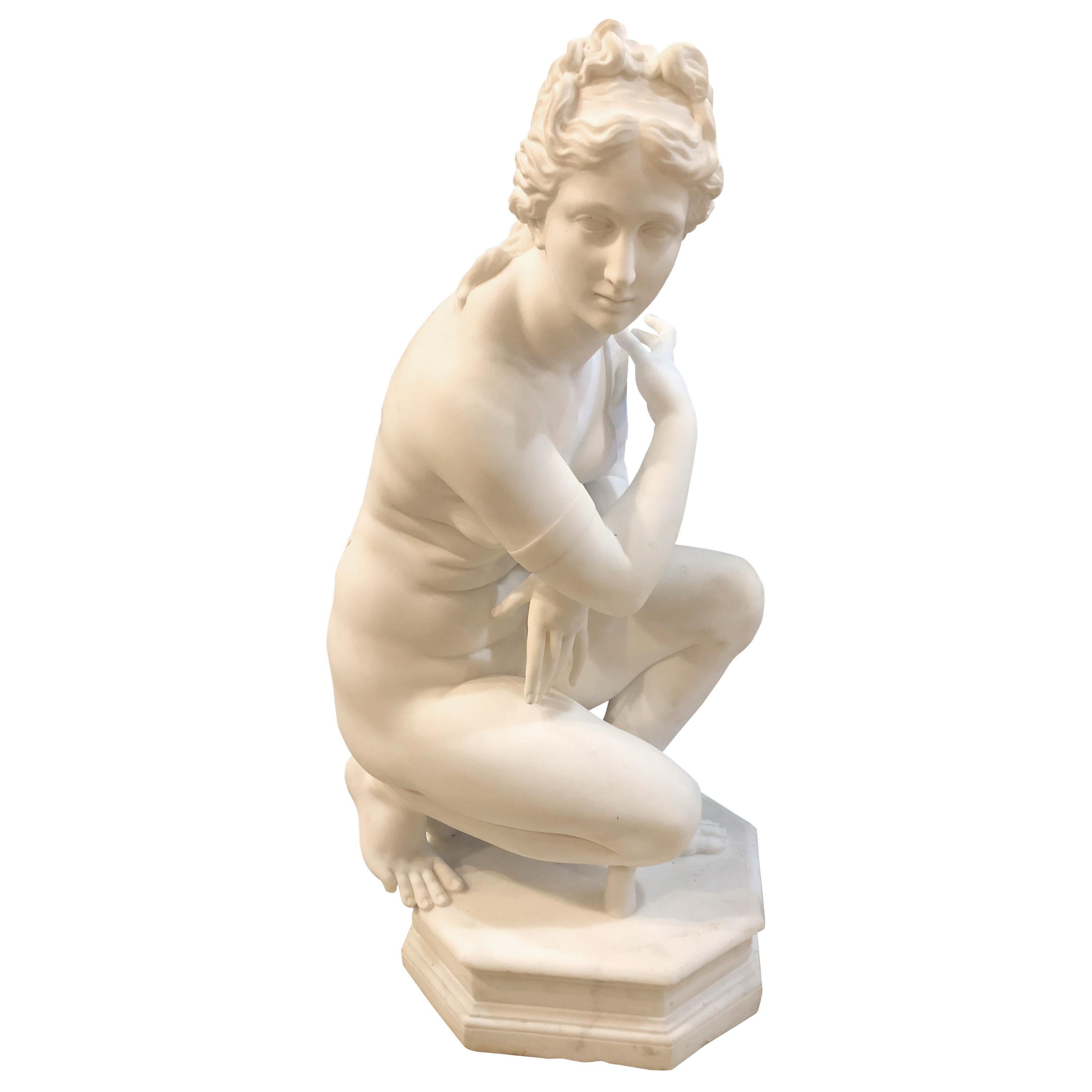 19th Century White Carrara Marble of a Nude Life Size Figure Kneeling