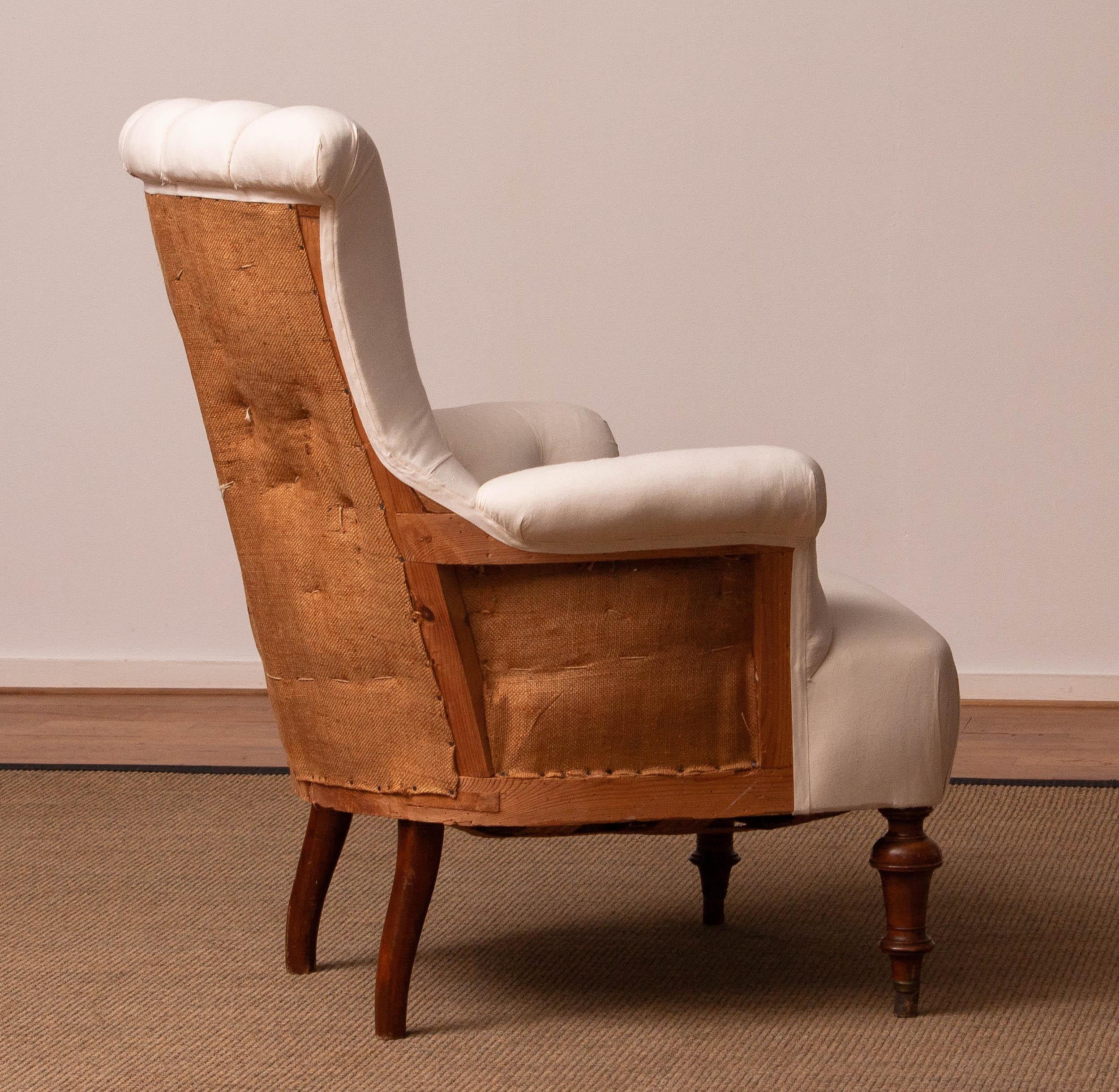 Swedish 19th Century White Cotton Victorian 'Deconstructed' Tufted Scroll-Back Chair For Sale