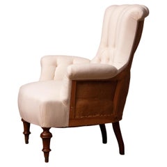 19th Century White Cotton Victorian 'Deconstructed' Tufted Scroll-Back Chair