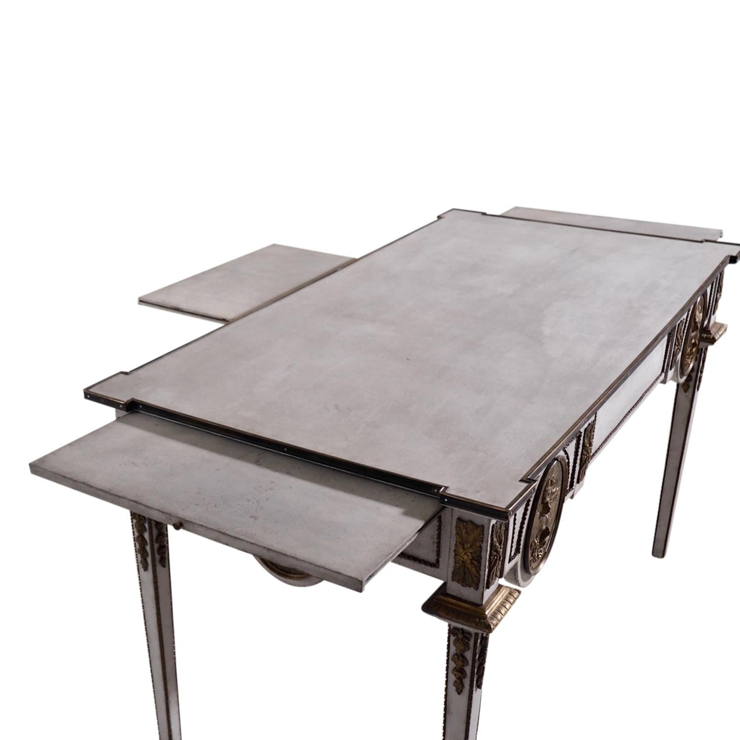 19th Century Grey French Oakwood Partners Desk - Antique Bronze Writing Table In Good Condition For Sale In West Palm Beach, FL