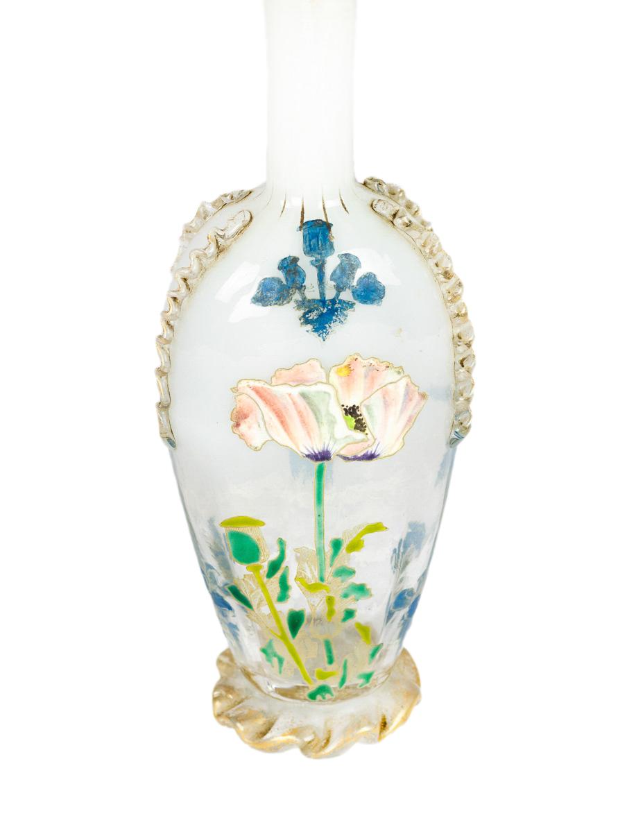 20th Century 19th Century White Glass Floral Painted Vase with Ribbons by Jerome Massier For Sale