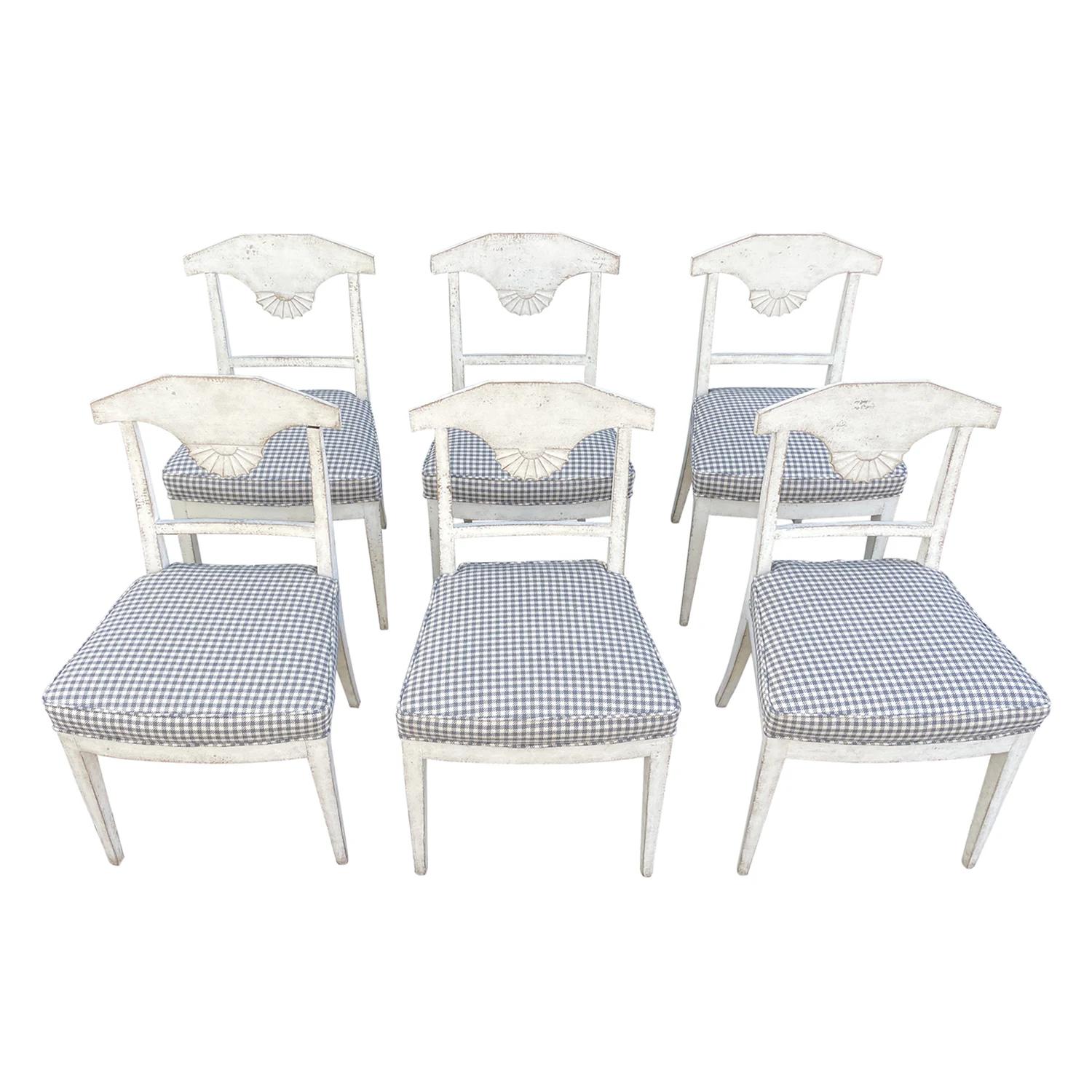 Hand-Carved 19th Century Grey Danish Gustavian Set of Six Antique Pine Dining Room Chairs For Sale