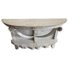 19th Century White-Grey French Antique Demi-Lune Painted Oakwood Console Table