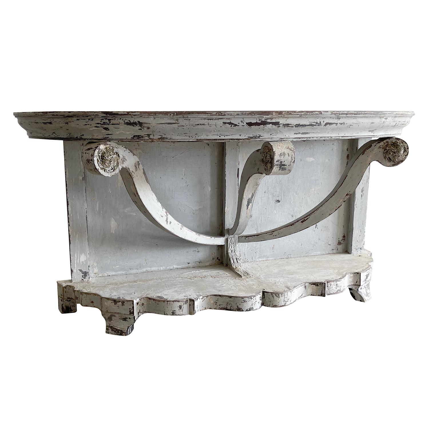 French Provincial 19th Century White-Grey French Antique Demi-Lune Painted Oakwood Console Table For Sale