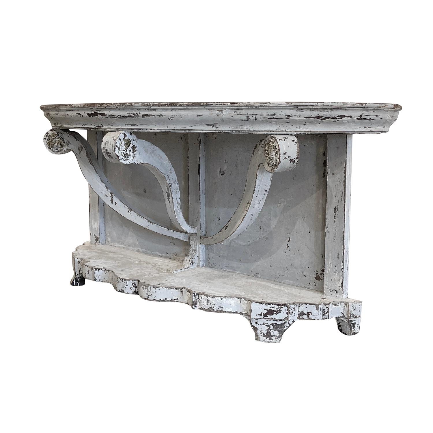 Hand-Carved 19th Century White-Grey French Antique Demi-Lune Painted Oakwood Console Table For Sale