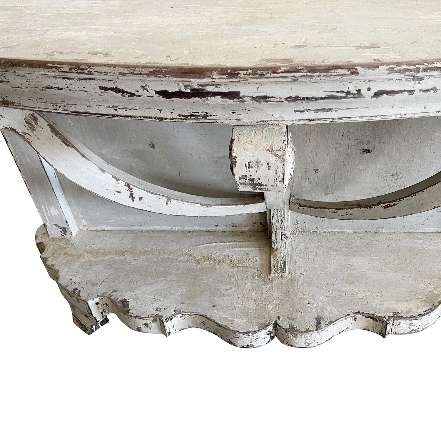 19th Century White-Grey French Antique Demi-Lune Painted Oakwood Console Table In Good Condition For Sale In West Palm Beach, FL