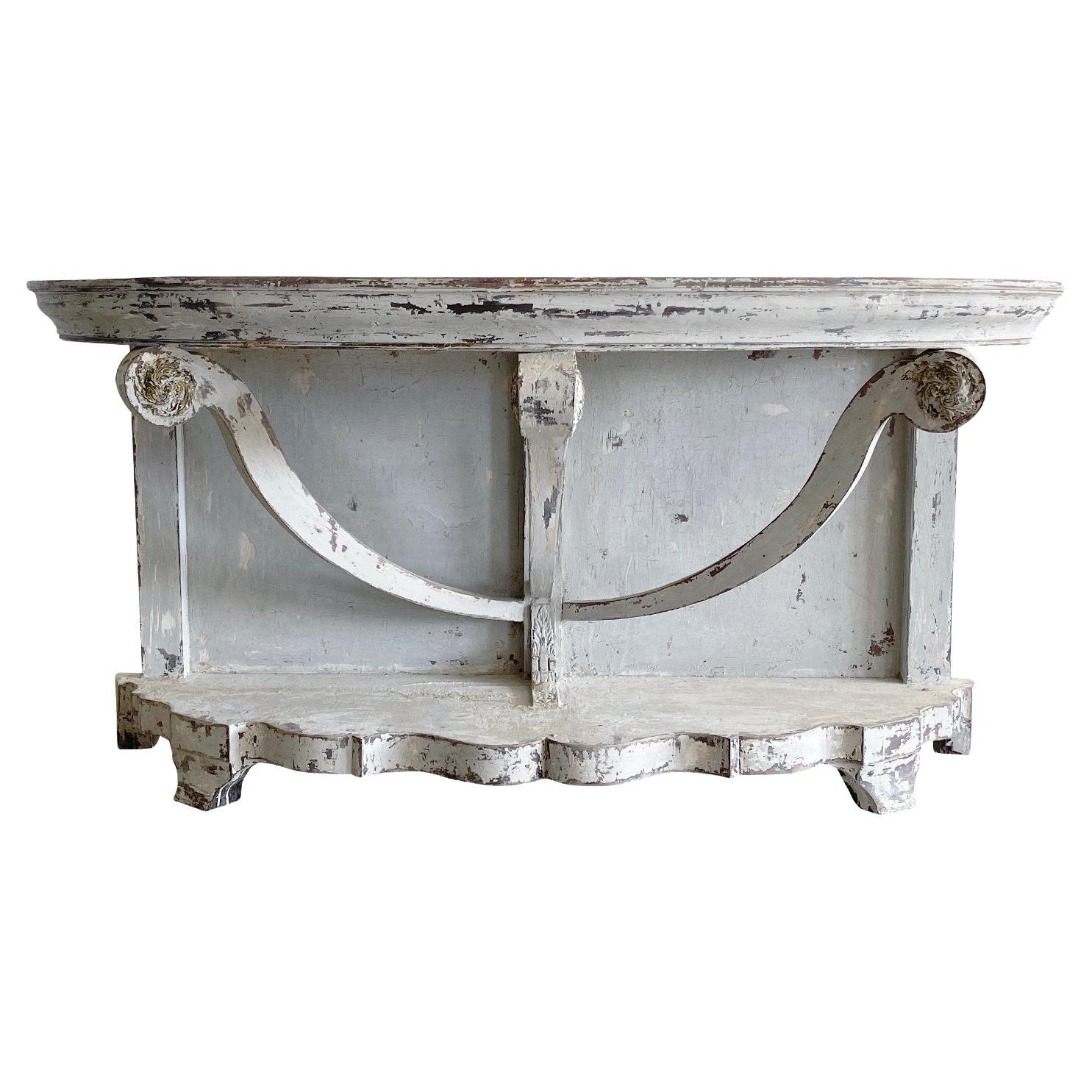 19th Century White-Grey French Antique Demi-Lune Painted Oakwood Console Table For Sale