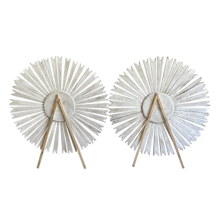 19th Century WhiteGrey French Antique Soleil Sunburst Pine Wall Glass