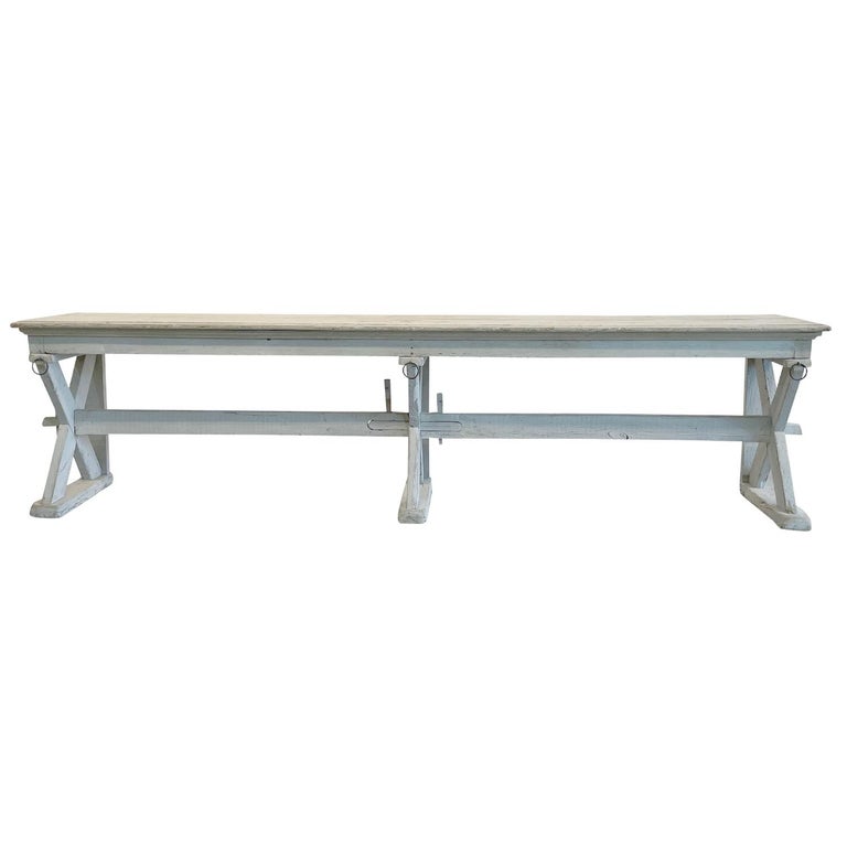 19th Century White Grey French Oakwood Trestle Console Table For At 1stdibs French Oakwood Trestle Console Table, Trestle Console Table With Drawers