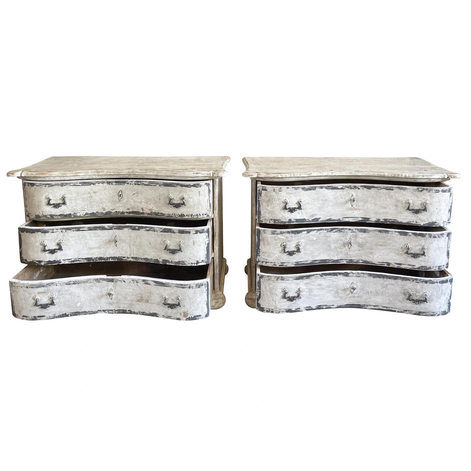 Hand-Carved 19th Century White-Grey French Pair of Pinewood Provincial Commodes, Chests For Sale