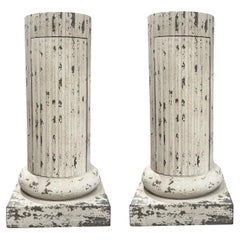 19th Century White-Grey French Pair of Round Antique Pinewood Cabinet Pedestals