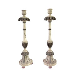 19th Century White-Grey Scandinavian Set of Two Gustavian Pinewood Candlesticks