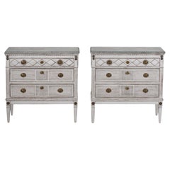 Antique 19th Century White-Grey Swedish Gustavian Pair of Pinewood Chest of Drawers