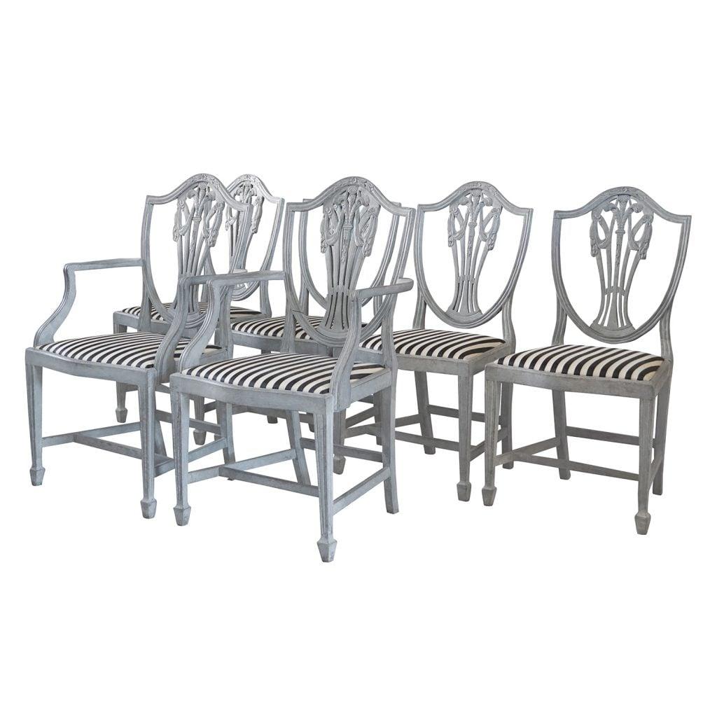 Hand-Carved 19th Century White-Grey Swedish Gustavian Set of Six Dining Chairs