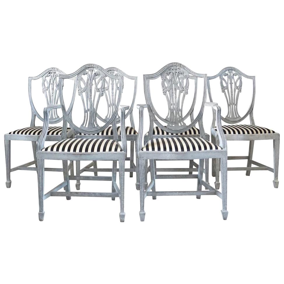 19th Century White-Grey Swedish Gustavian Set of Six Dining Chairs