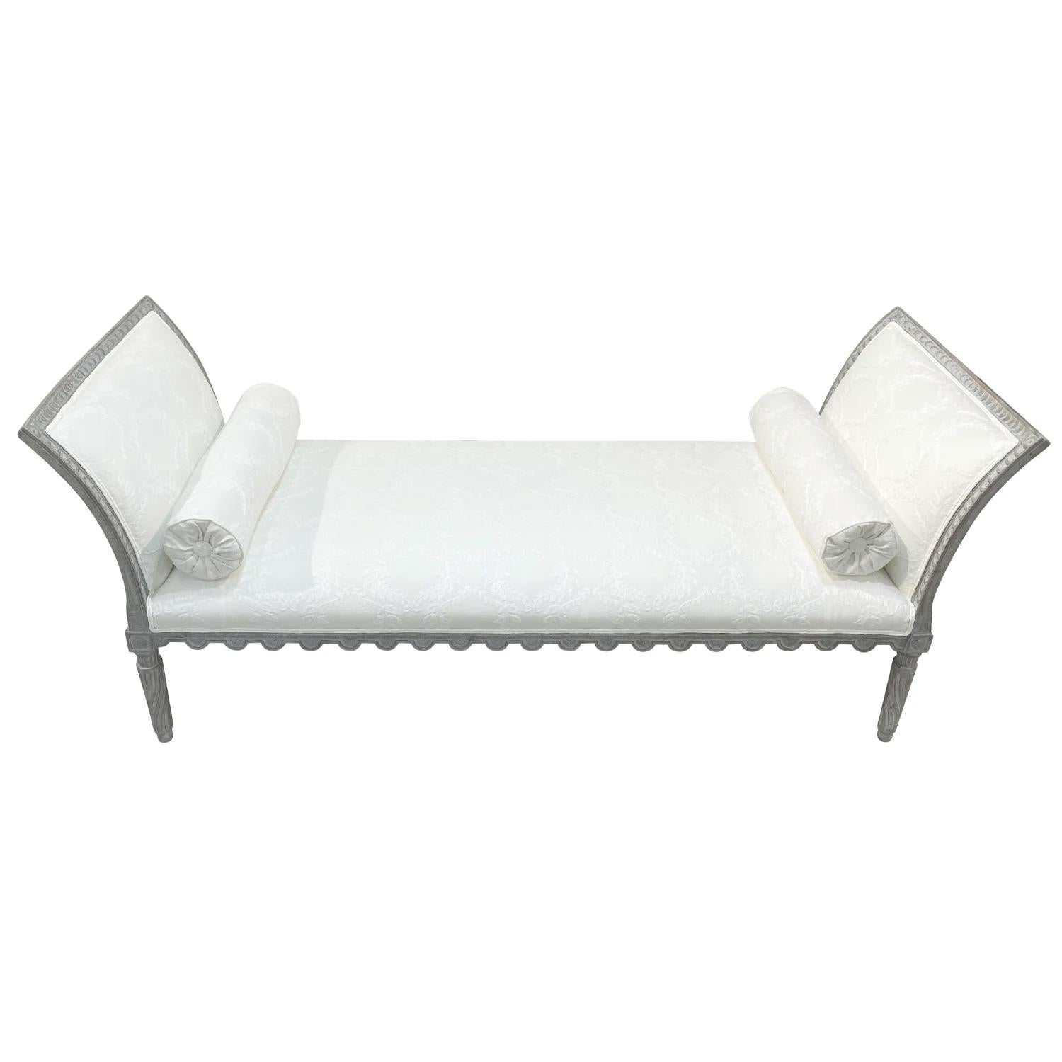 Hand-Carved 19th Century White-Grey Swedish Gustavian Sofa, Scandinavian Pinewood Daybed