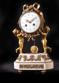 19th Century White Marble and Brass Clock Set Stamped Maple & Co, Paris