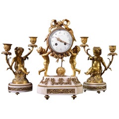 19th Century White Marble and Brass Clock Set Stamped Maple & Co, Paris