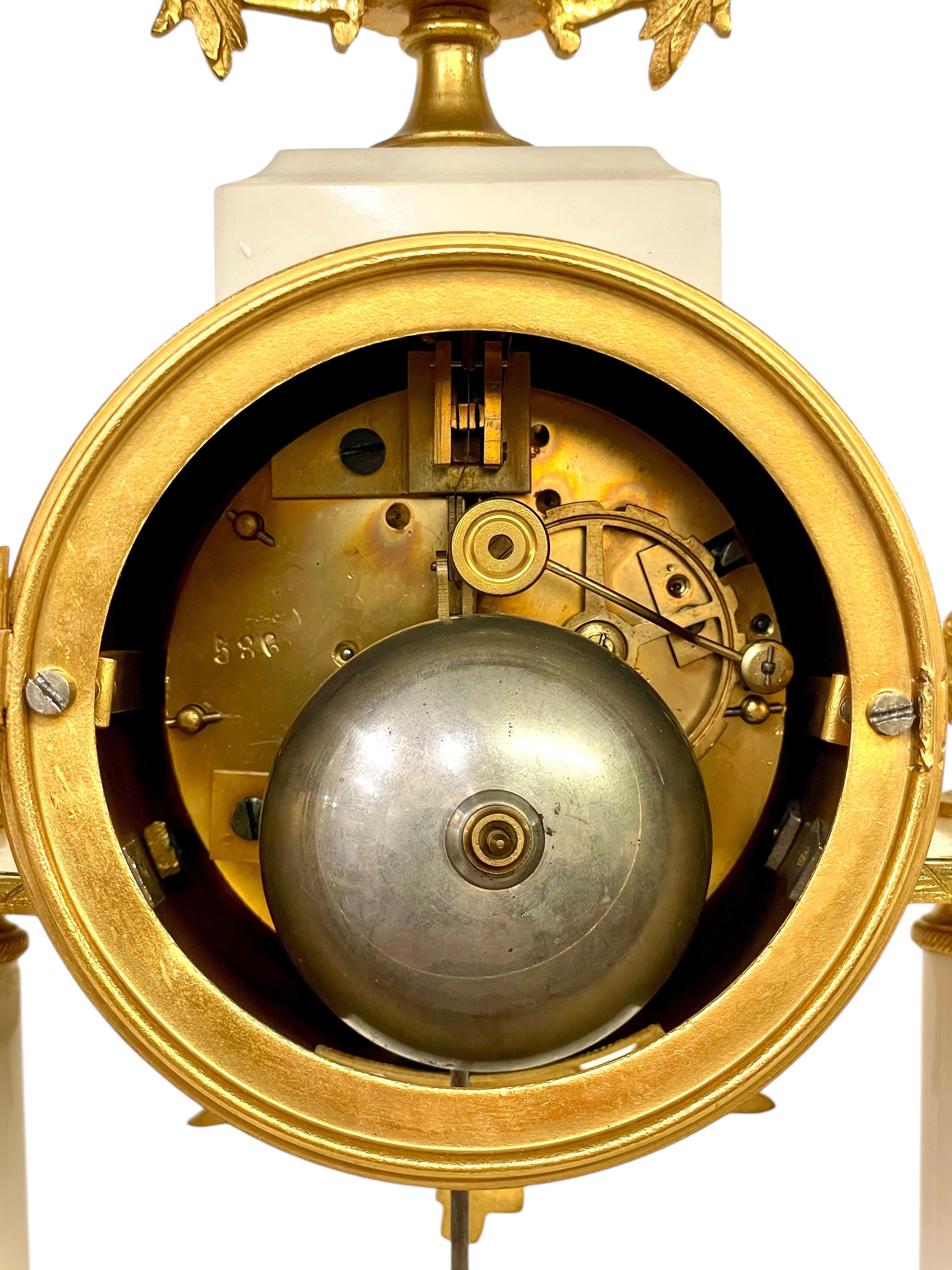 19th Century White Marble and Gilt Bronze Portico Clock For Sale 7