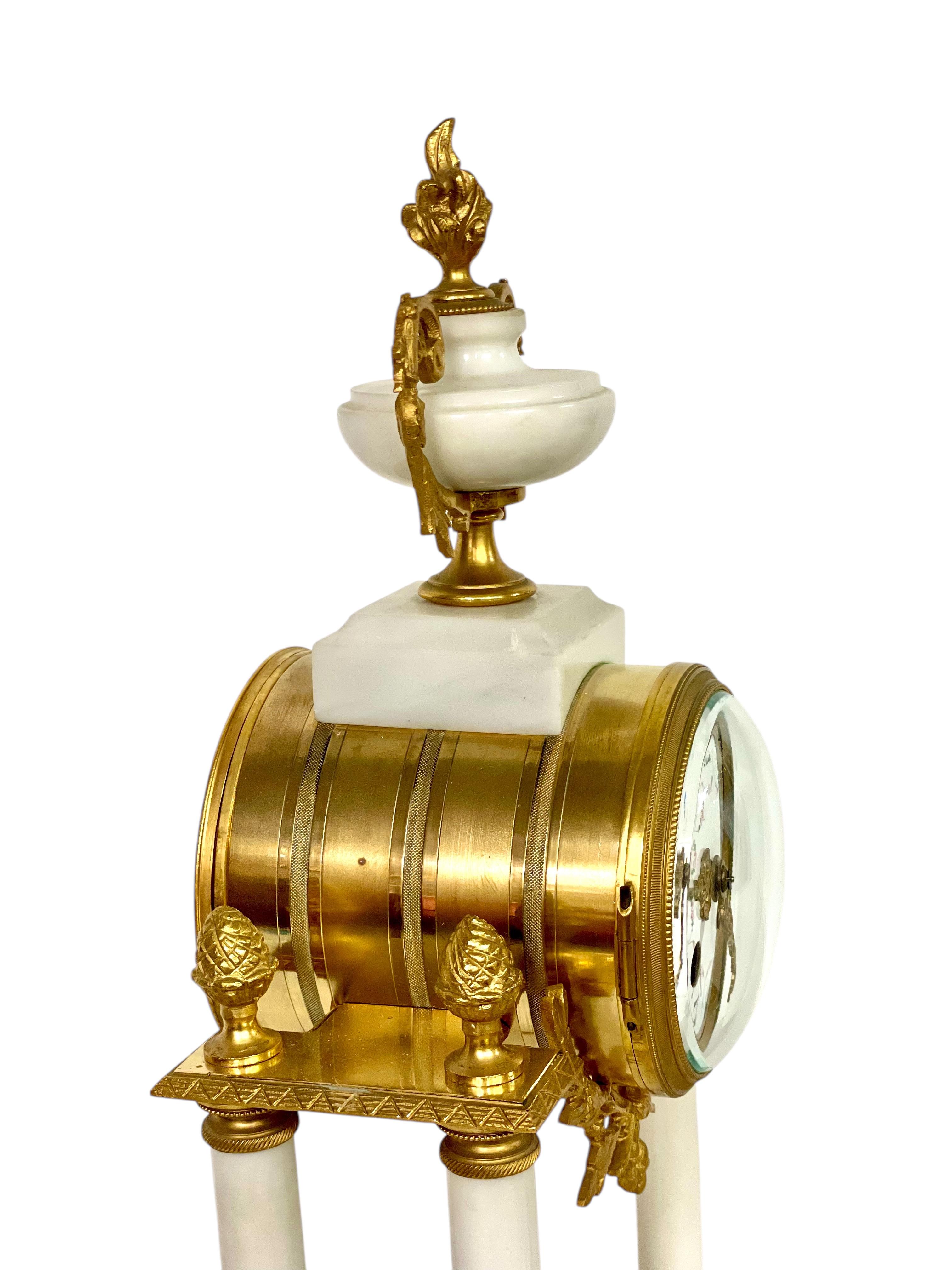 19th Century White Marble and Gilt Bronze Portico Clock For Sale 8