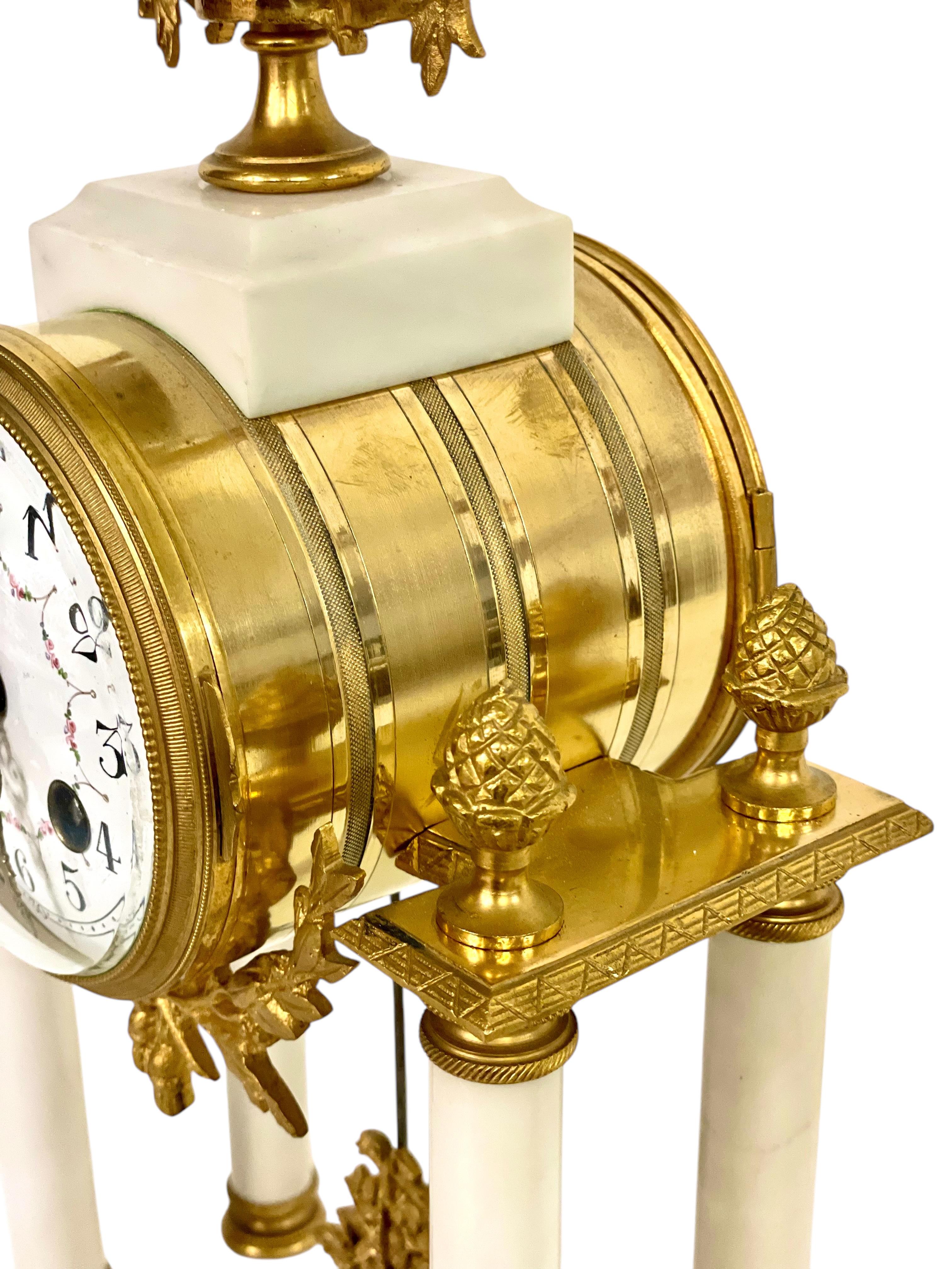 19th Century White Marble and Gilt Bronze Portico Clock For Sale 9