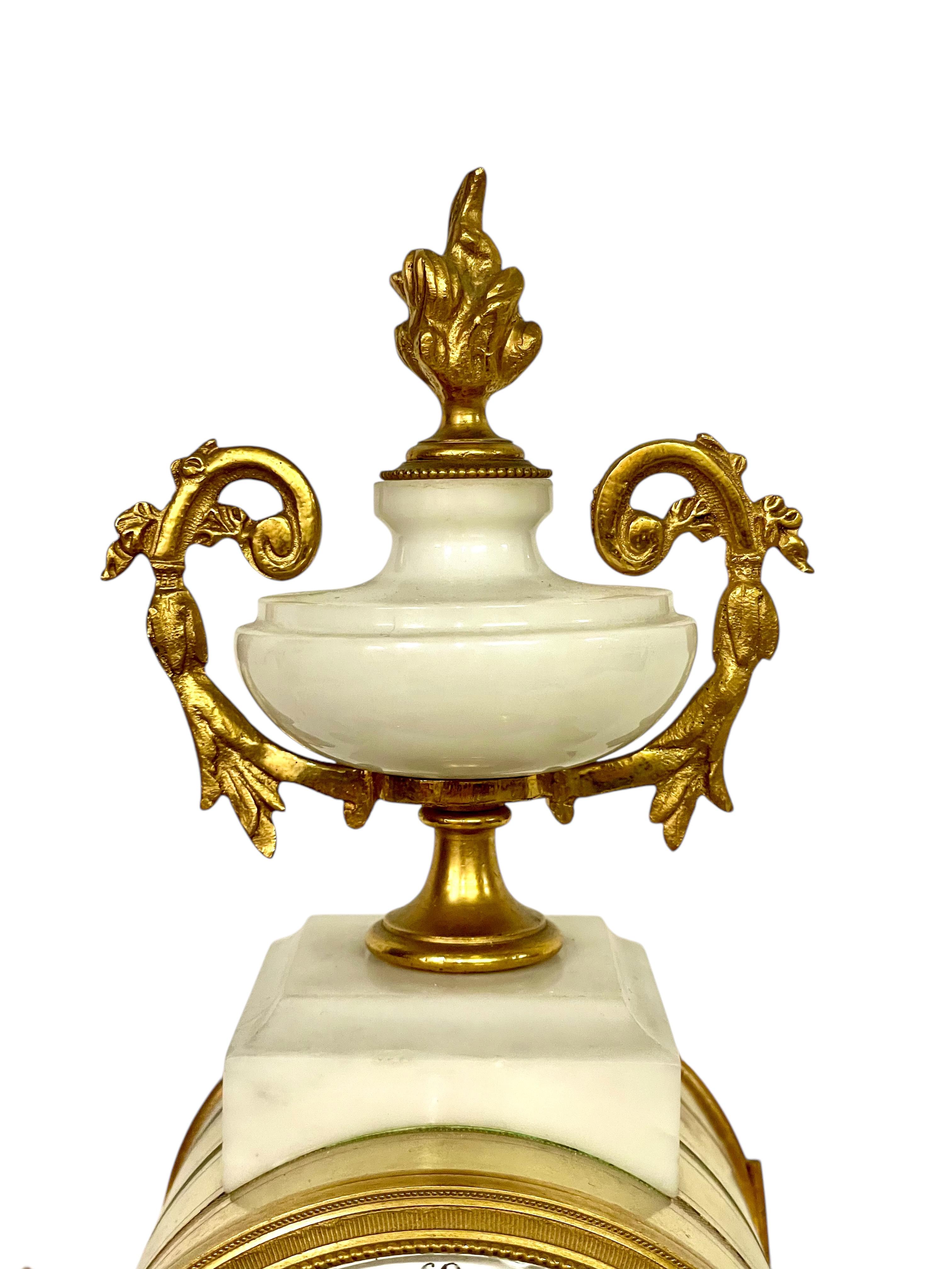 19th Century White Marble and Gilt Bronze Portico Clock For Sale 11