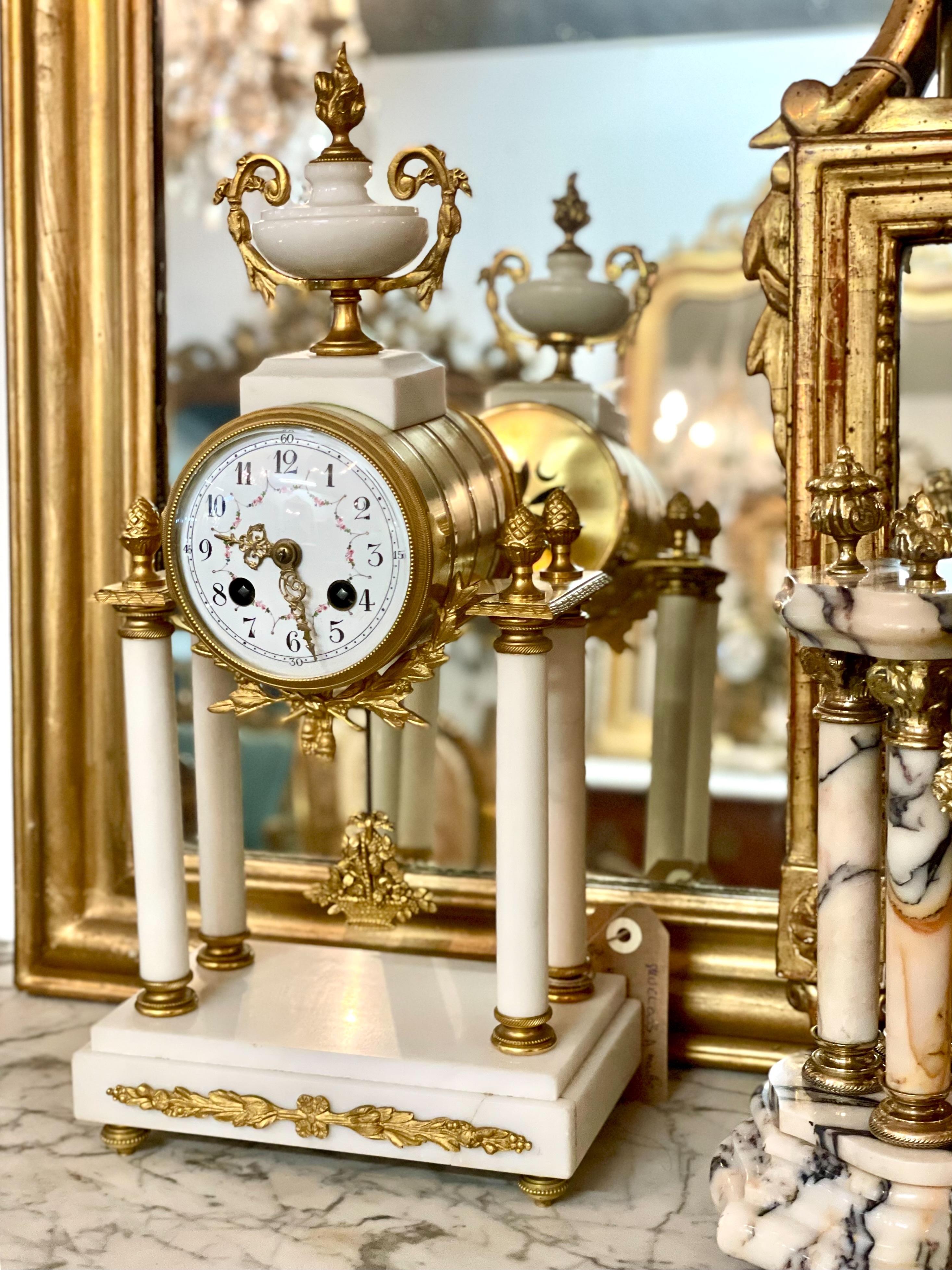 19th Century White Marble and Gilt Bronze Portico Clock For Sale 13