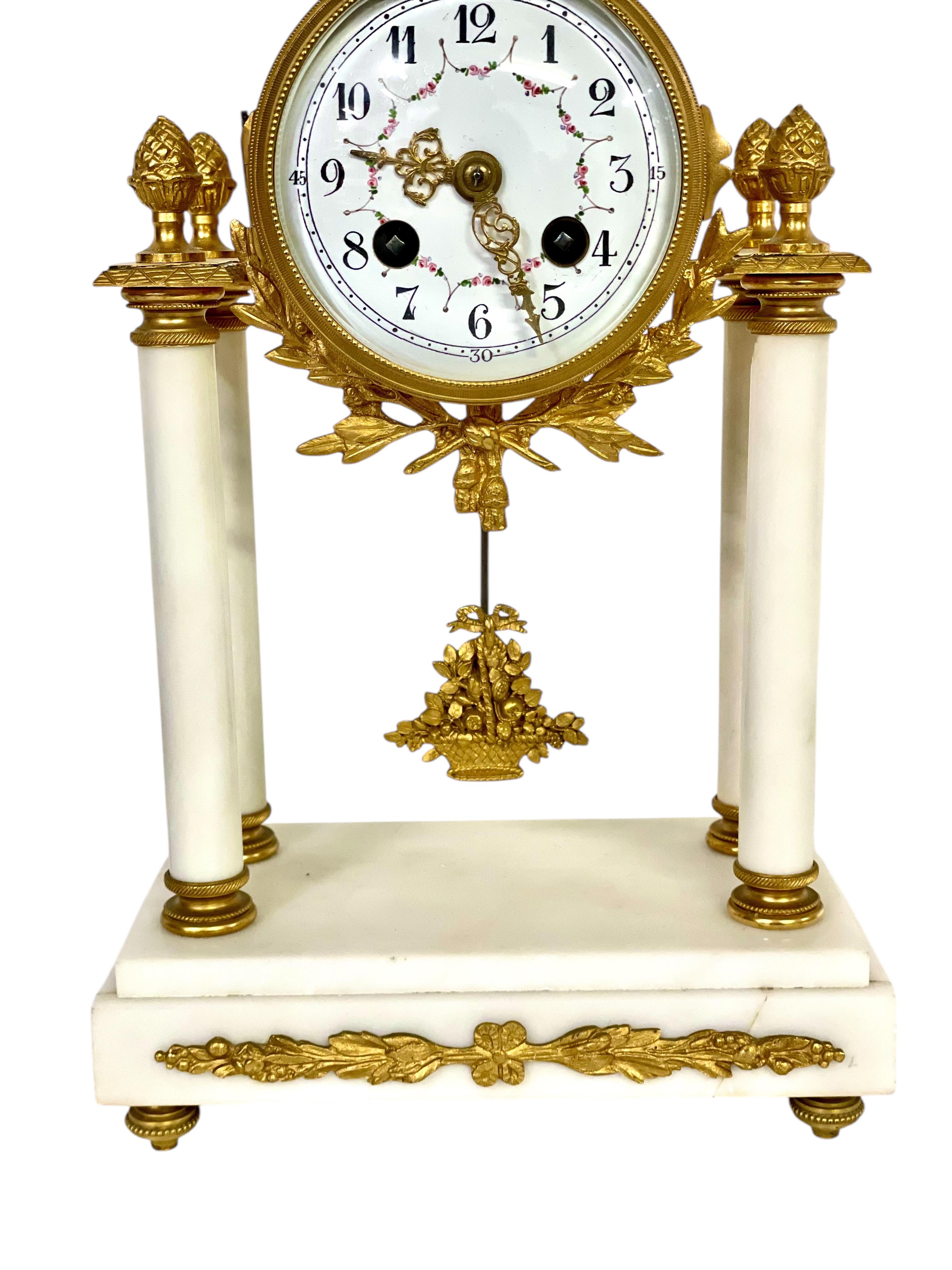 French 19th Century White Marble and Gilt Bronze Portico Clock For Sale