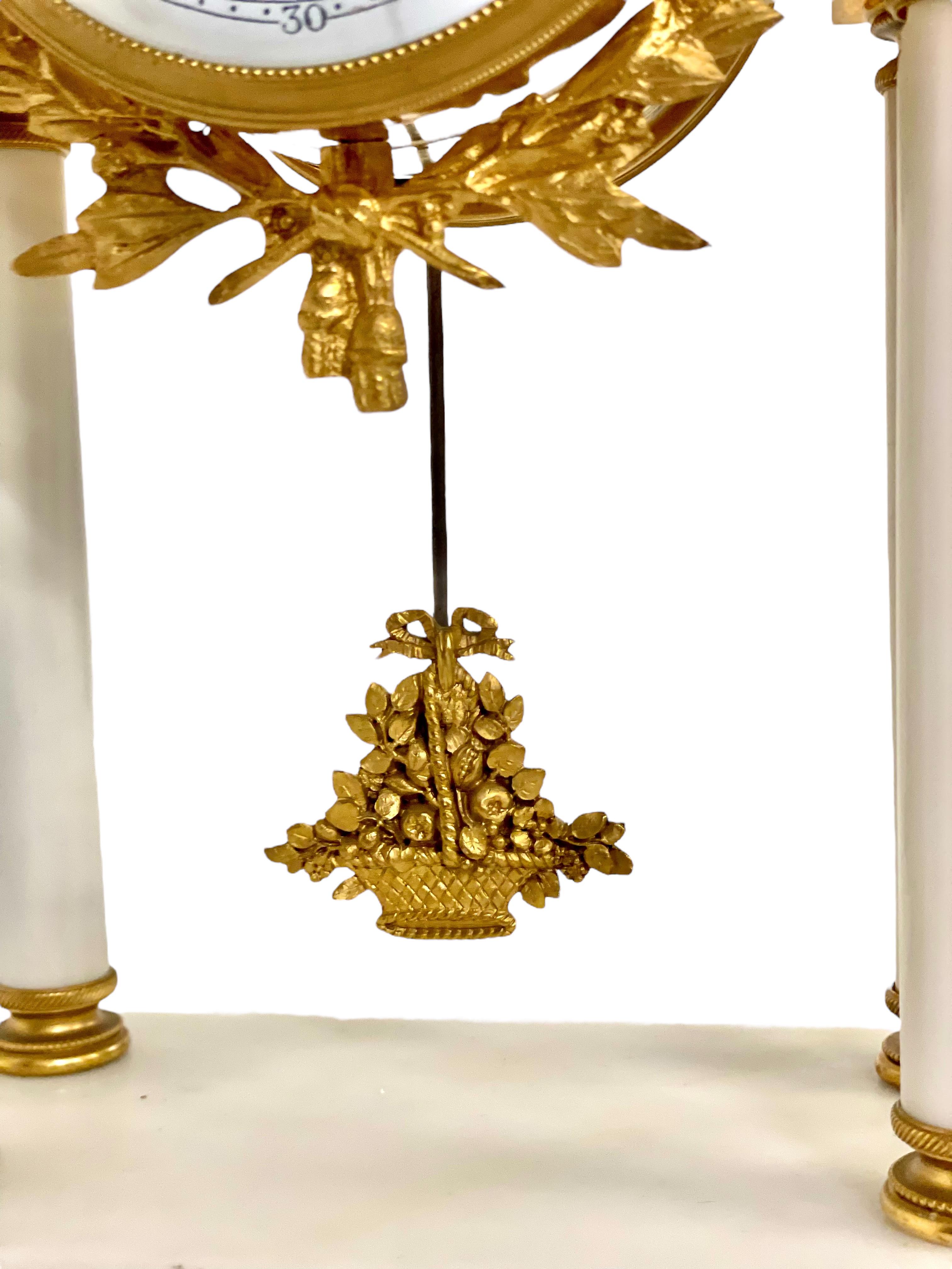 19th Century White Marble and Gilt Bronze Portico Clock For Sale 2