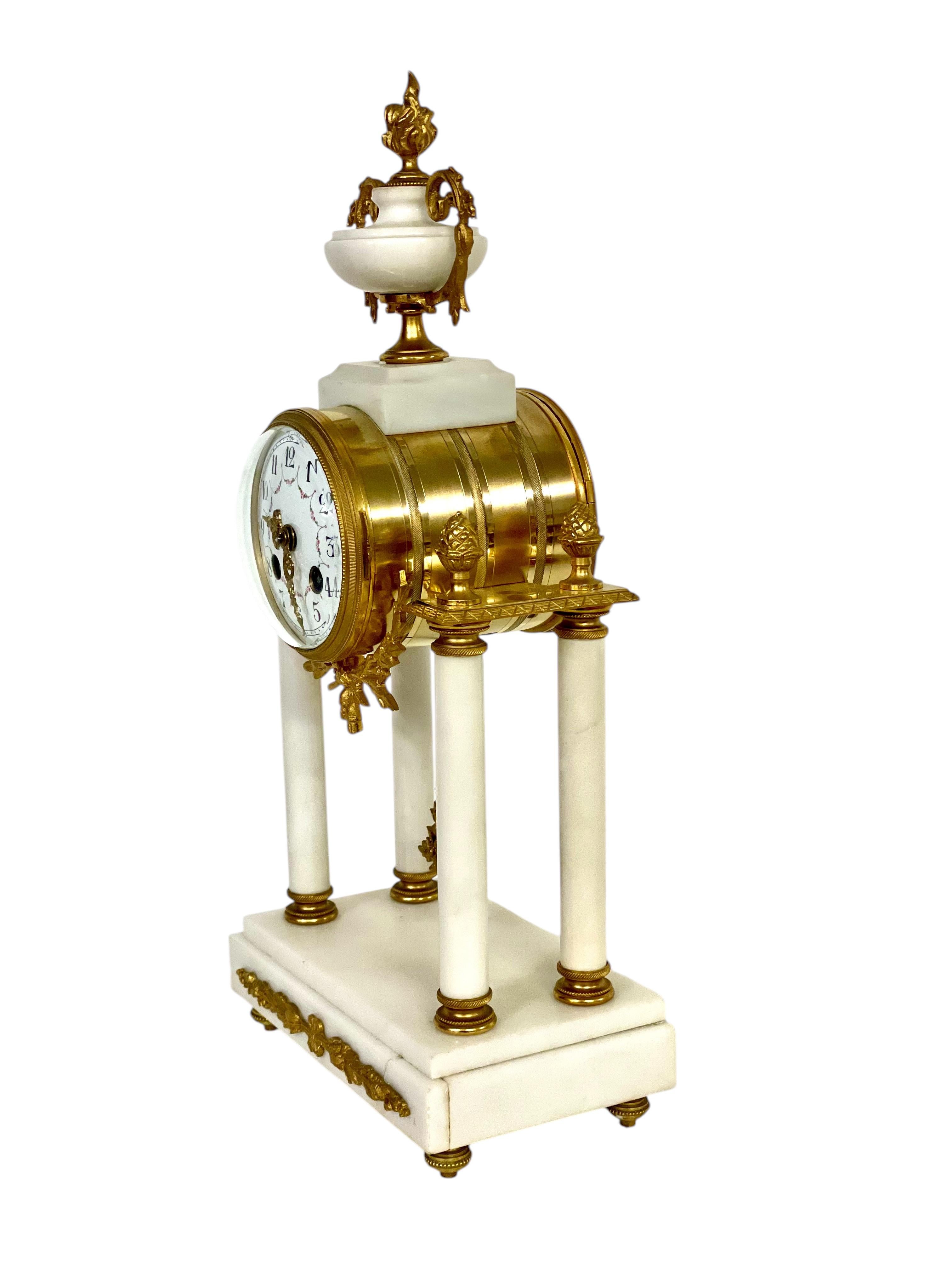 19th Century White Marble and Gilt Bronze Portico Clock For Sale 3