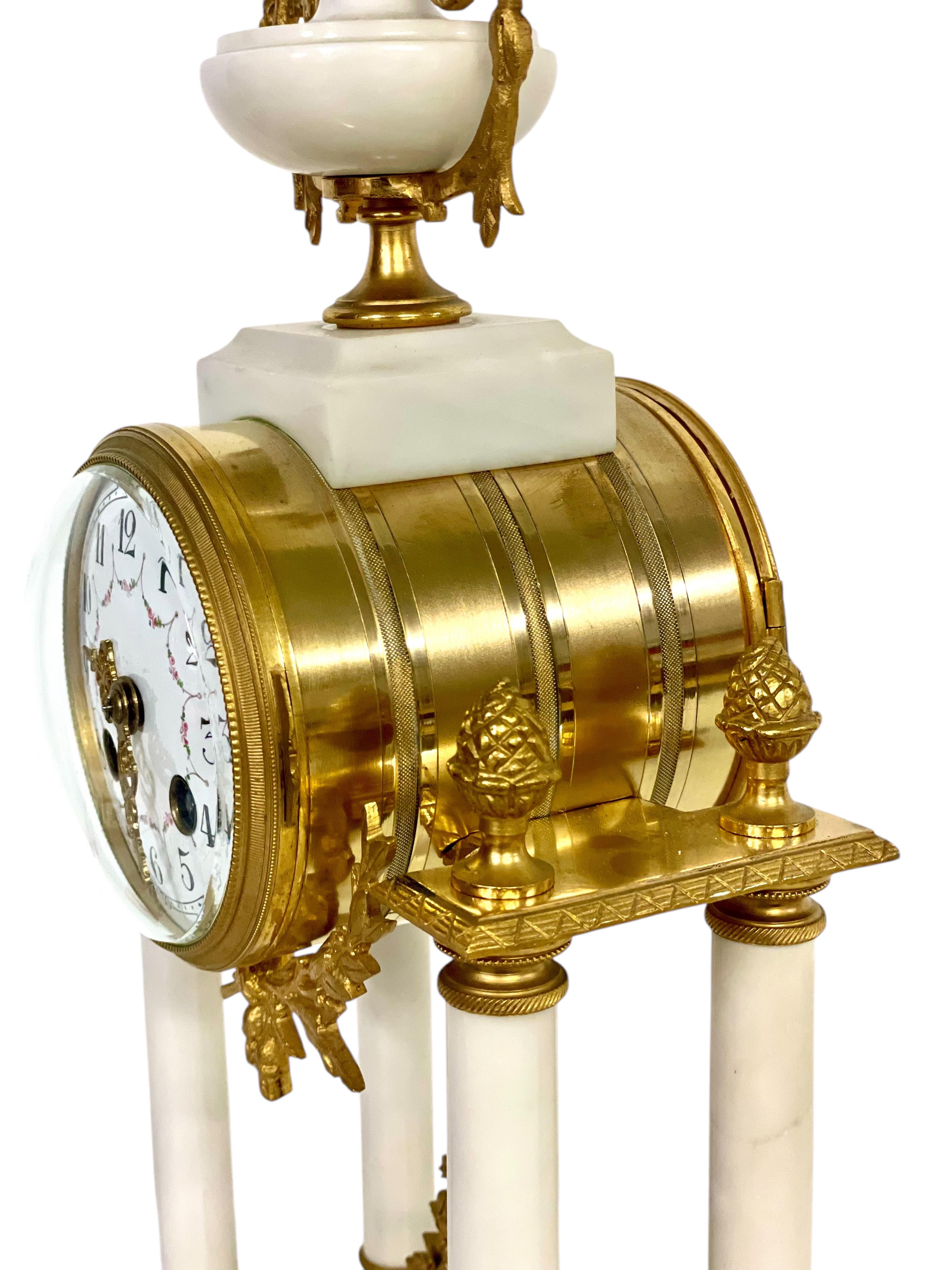 19th Century White Marble and Gilt Bronze Portico Clock For Sale 4