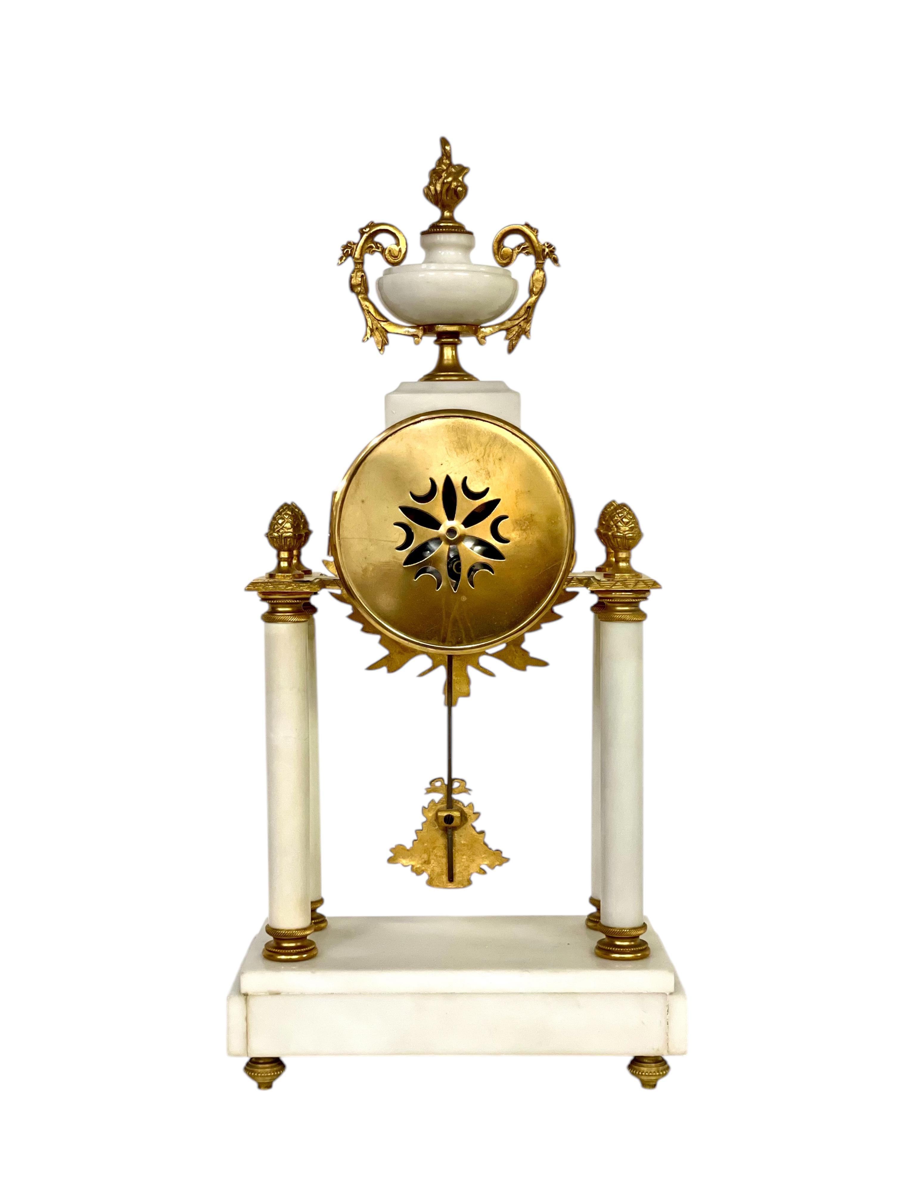 19th Century White Marble and Gilt Bronze Portico Clock For Sale 5