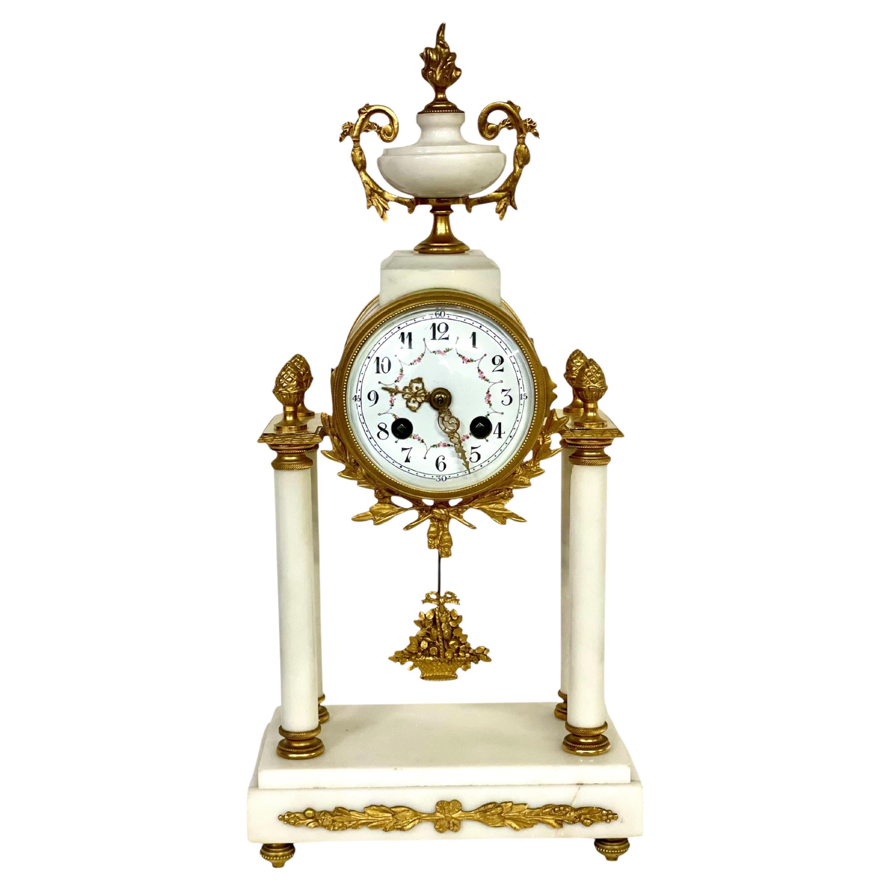 19th Century White Marble and Gilt Bronze Portico Clock
