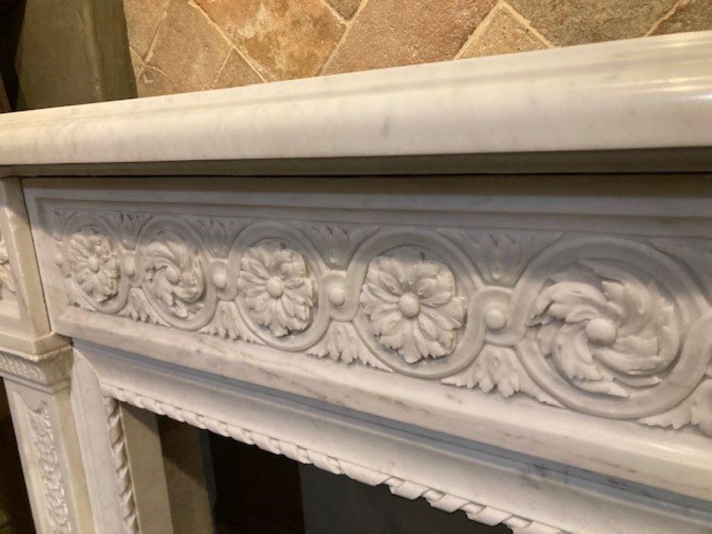 Hand-Carved 19th Century White Marble Fireplace For Sale