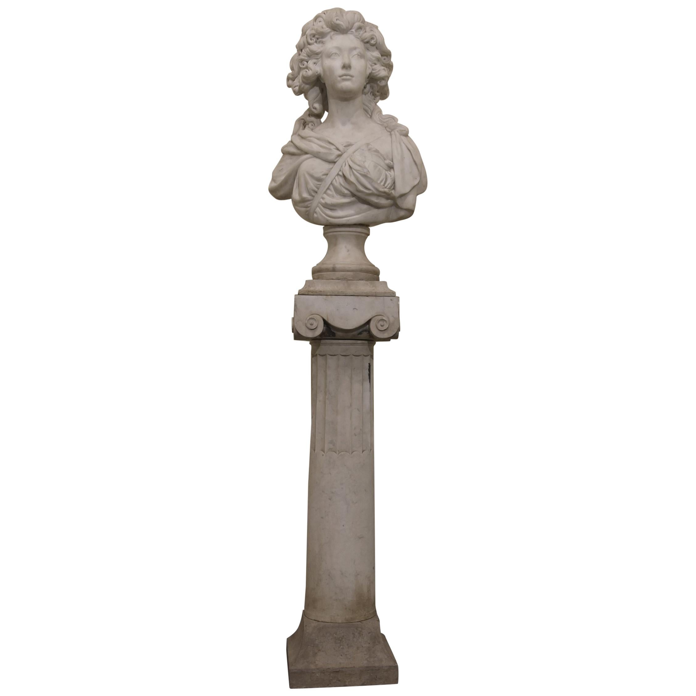 19th Century White Marble France Napoleon III Bust of a Woman with Column, 1800s For Sale