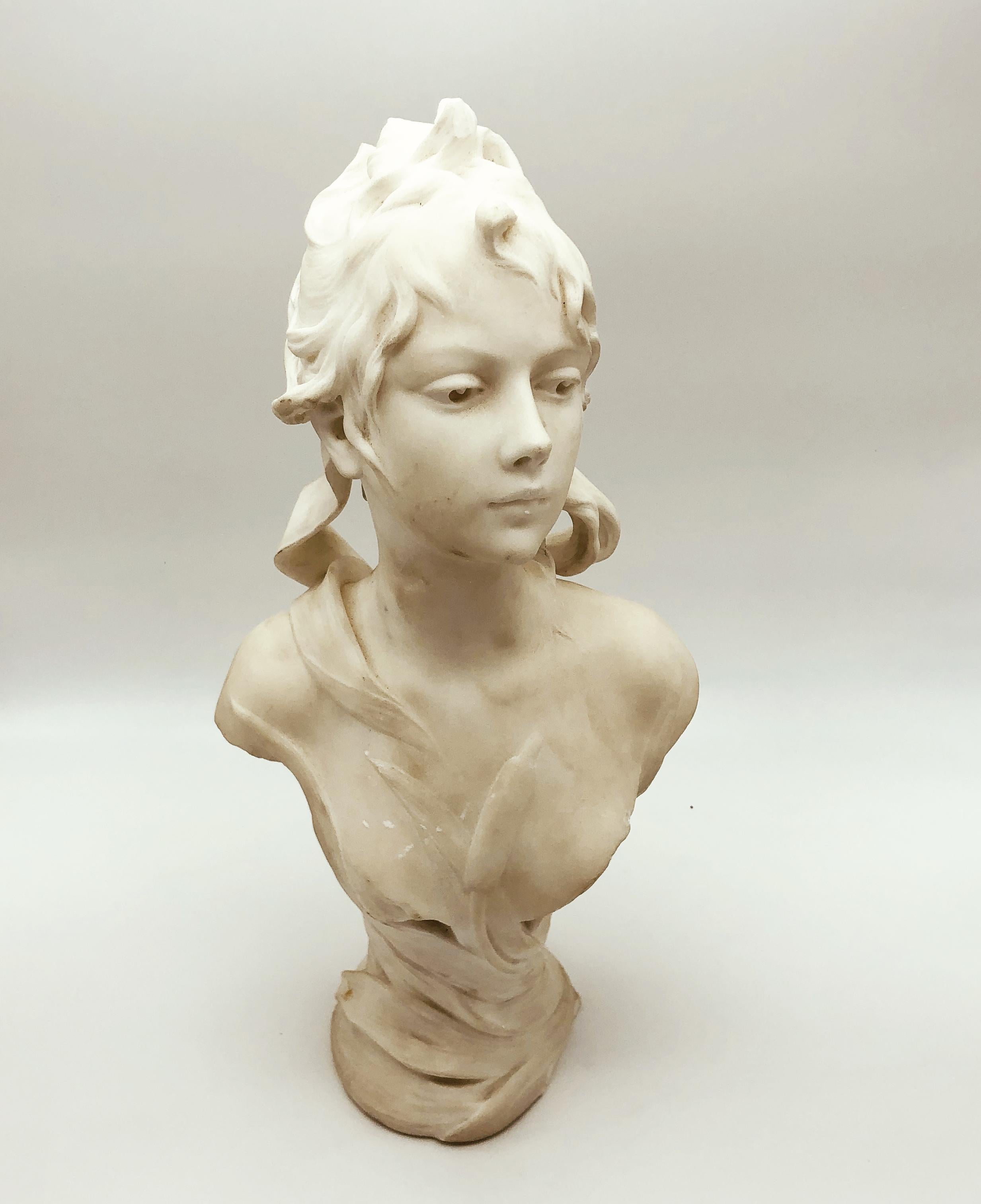 19th Century White Marble French Sculpture of Young Woman Signed Ant. Nelson 11