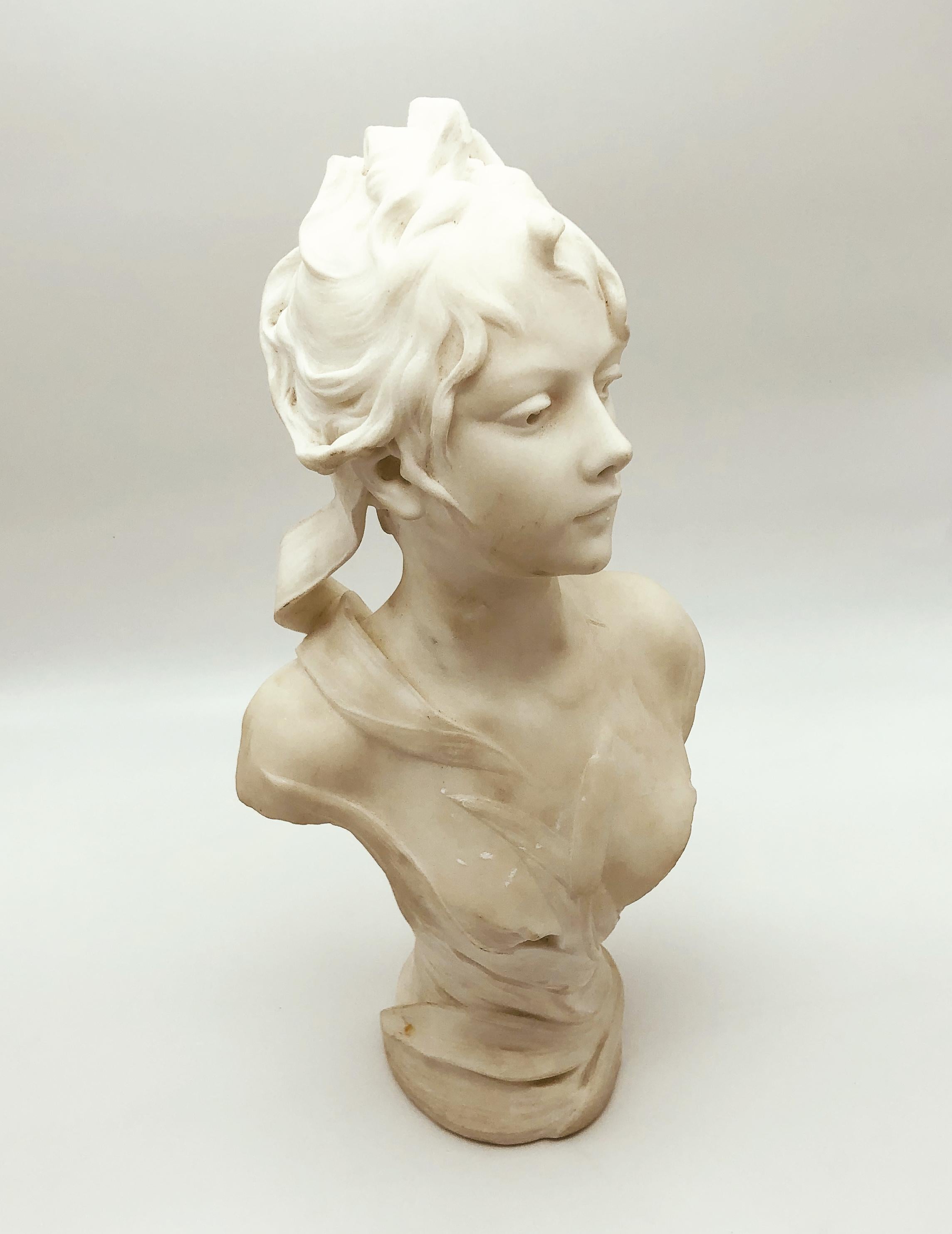 Art Nouveau 19th Century White Marble French Sculpture of Young Woman Signed Ant. Nelson