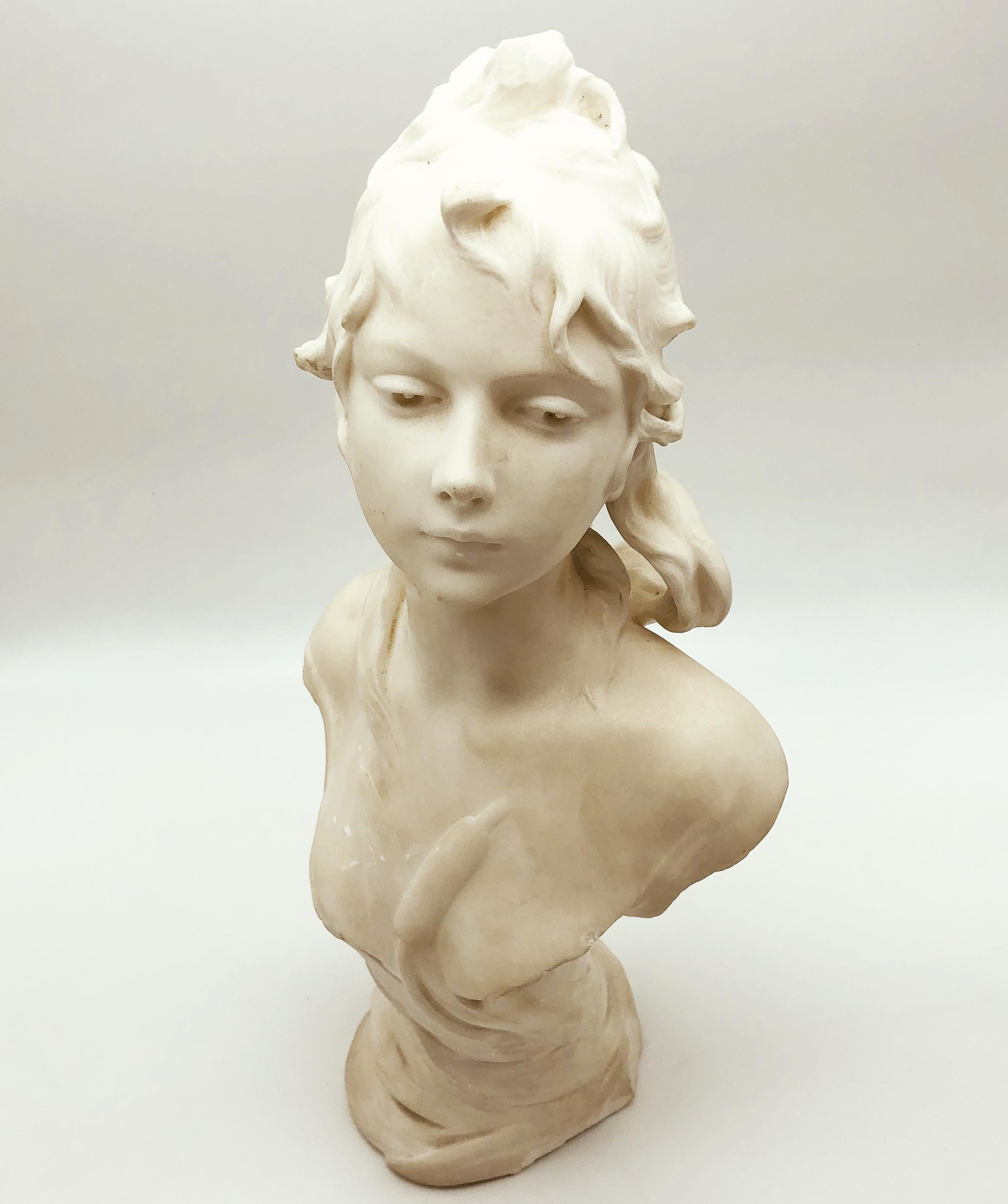 Hand-Carved 19th Century White Marble French Sculpture of Young Woman Signed Ant. Nelson