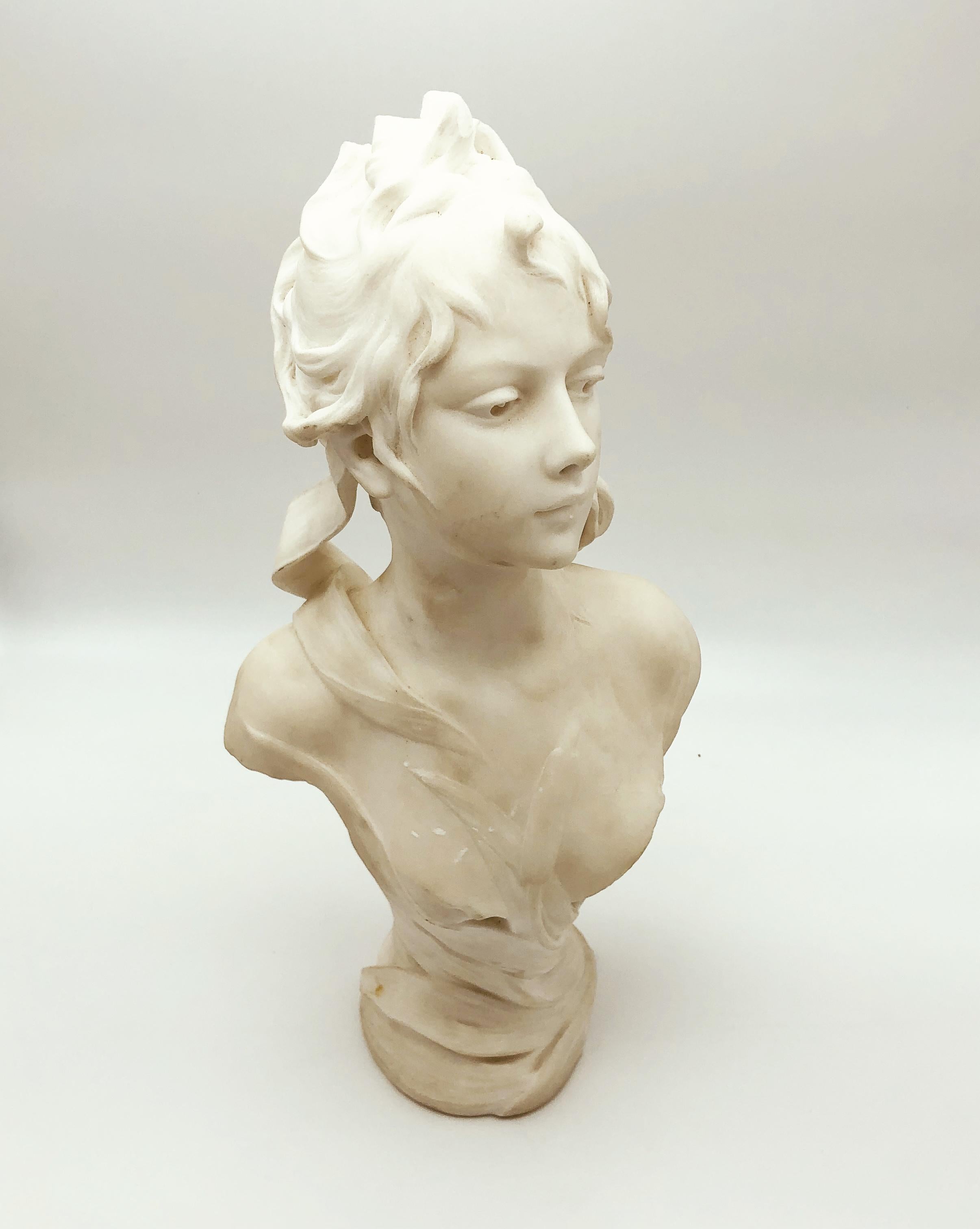 19th Century White Marble French Sculpture of Young Woman Signed Ant. Nelson In Excellent Condition In Roma, IT