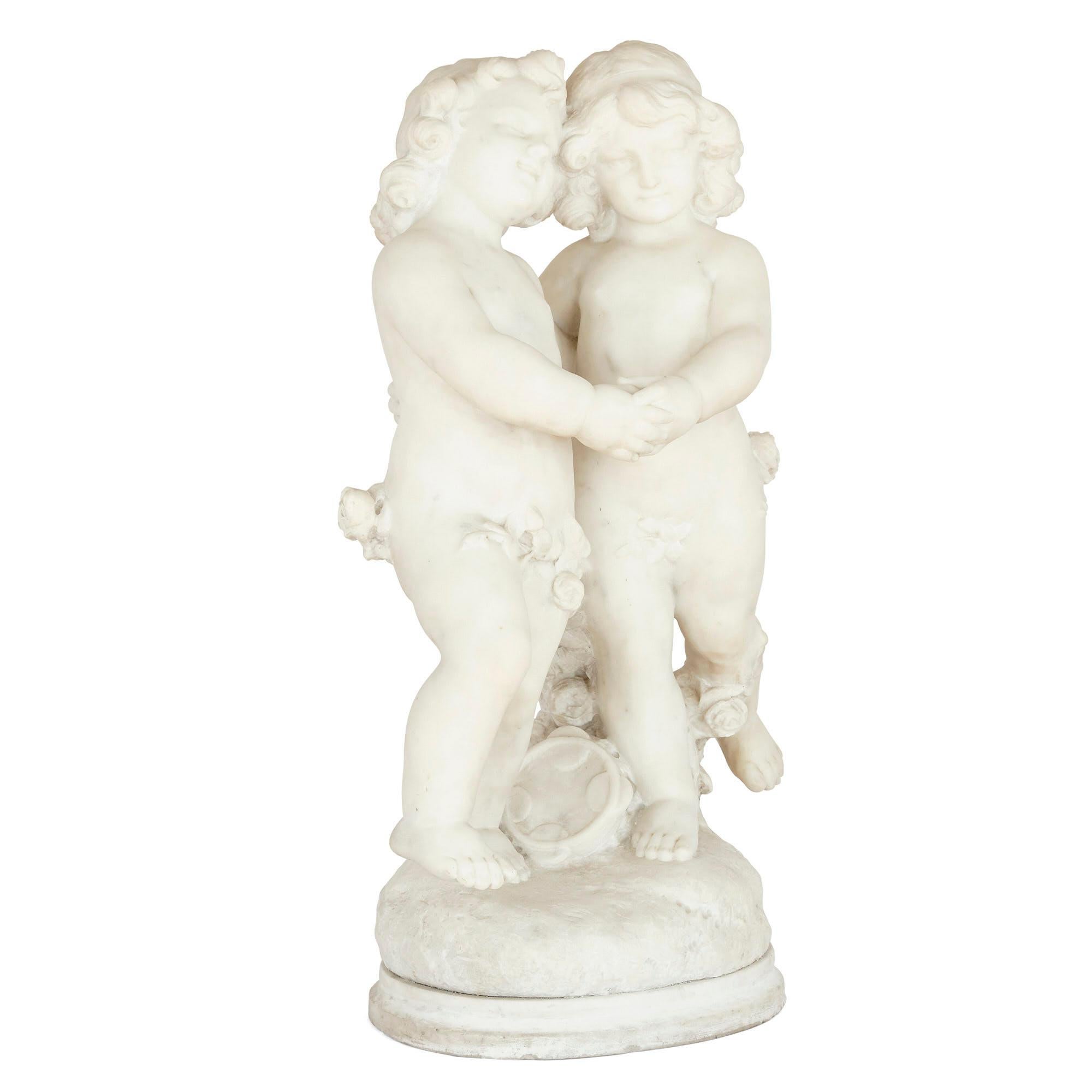 19th century white marble group of two cherubs by A. Duché
French, late 19th century
Measures: Height 71cm, width 42cm, depth 26cm

This exquisite white marble group is modelled as two cherub figures embracing one another and clasping hands to