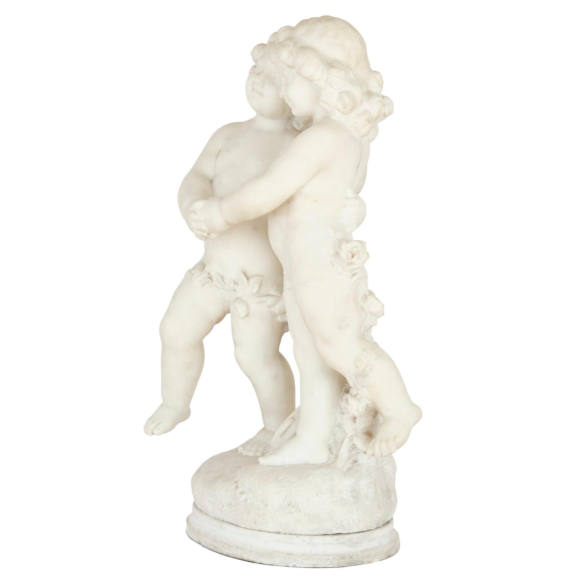 Neoclassical 19th Century White Marble Group of Two Cherubs by A. Duché For Sale
