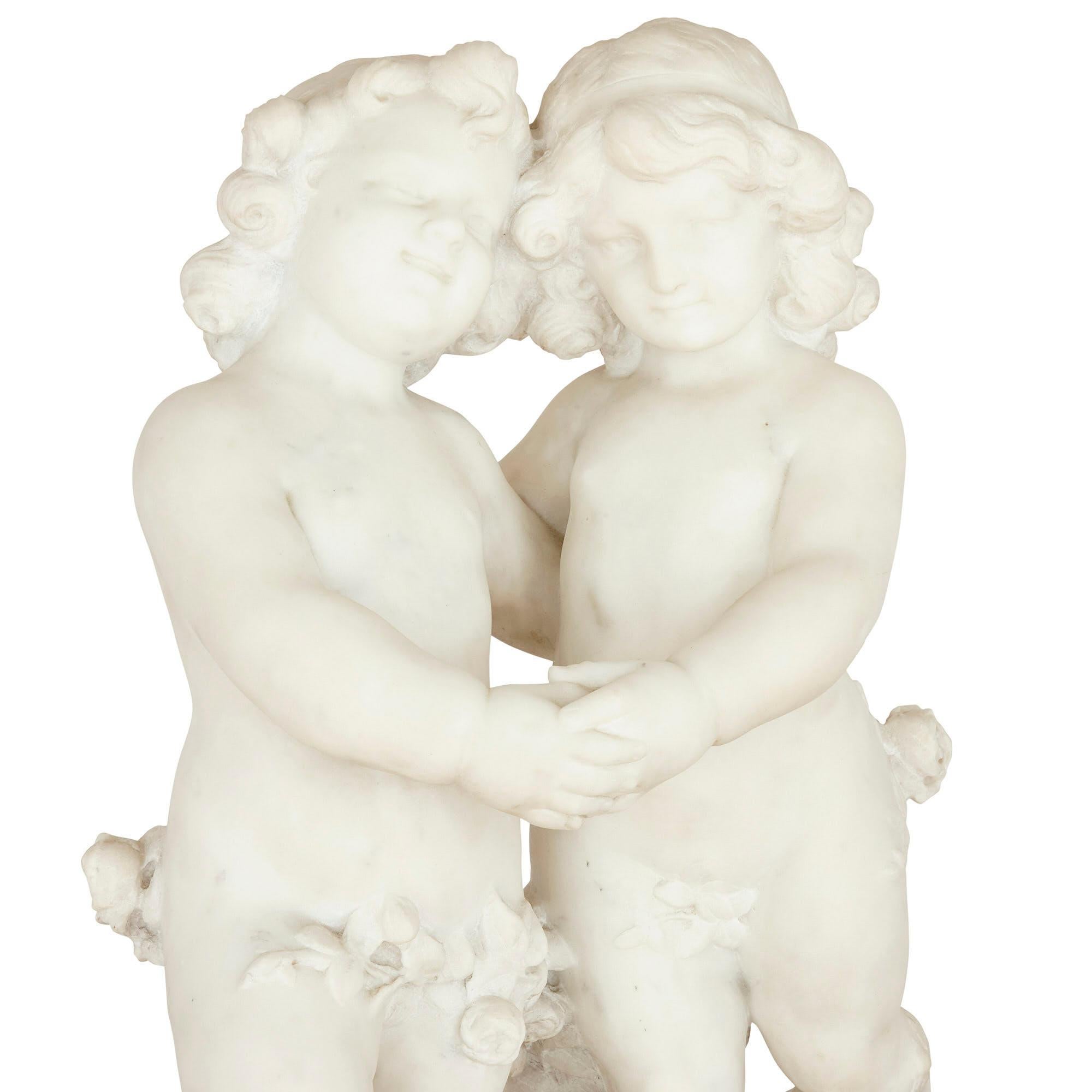 French 19th Century White Marble Group of Two Cherubs by A. Duché For Sale