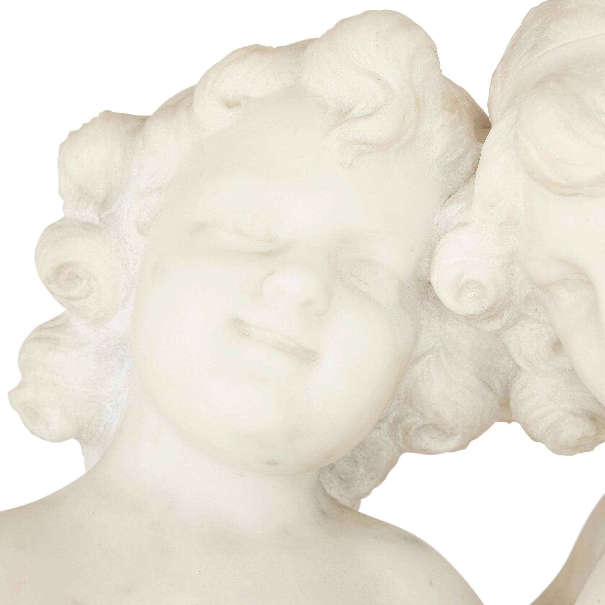 Carrara Marble 19th Century White Marble Group of Two Cherubs by A. Duché For Sale