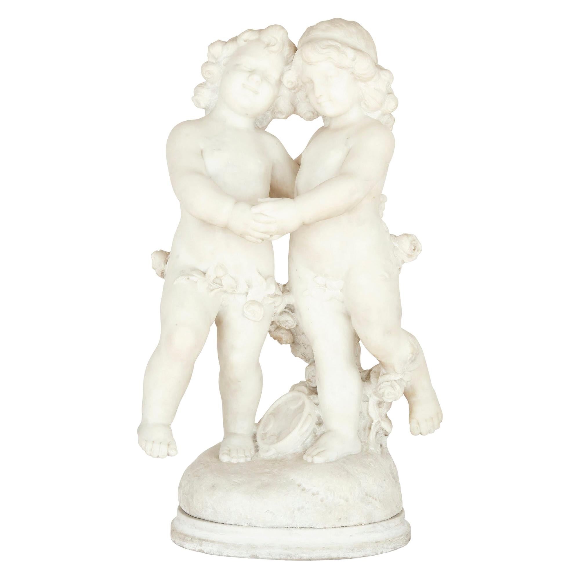 19th Century White Marble Group of Two Cherubs by A. Duché
