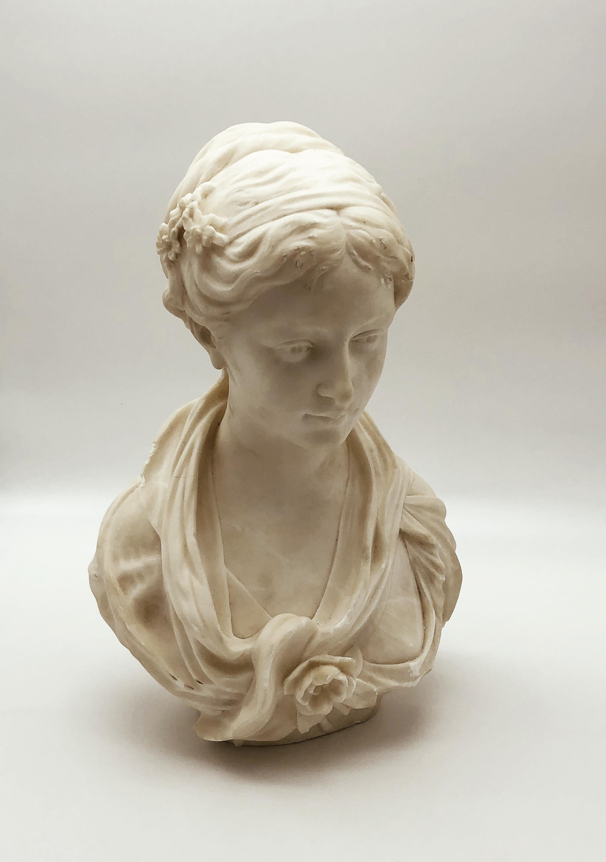 19th Century White Marble Neoclassical Sculpture of Young Woman Signed Gregoire For Sale 5