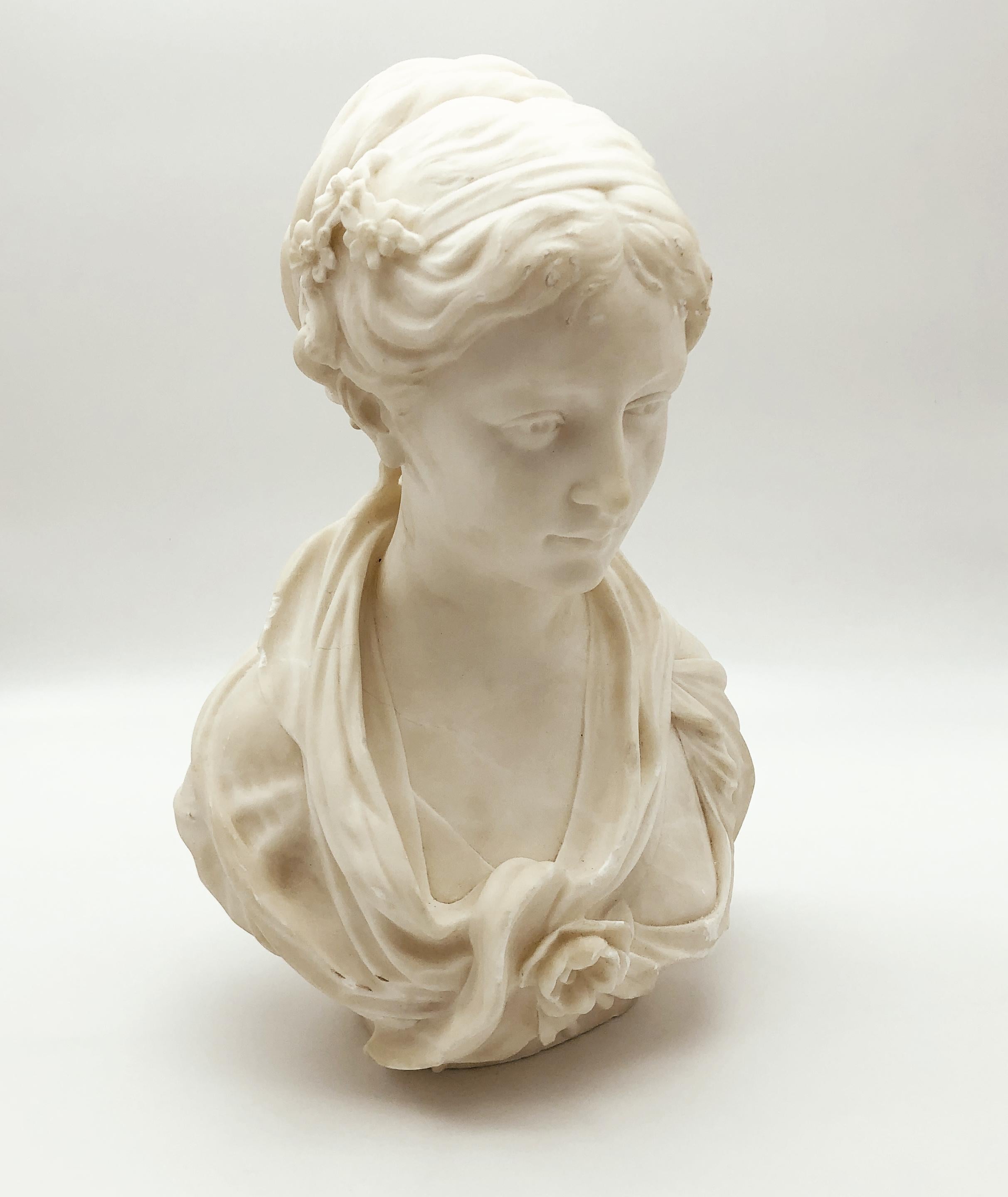 19th Century White Marble Neoclassical Sculpture of Young Woman Signed Gregoire For Sale 9
