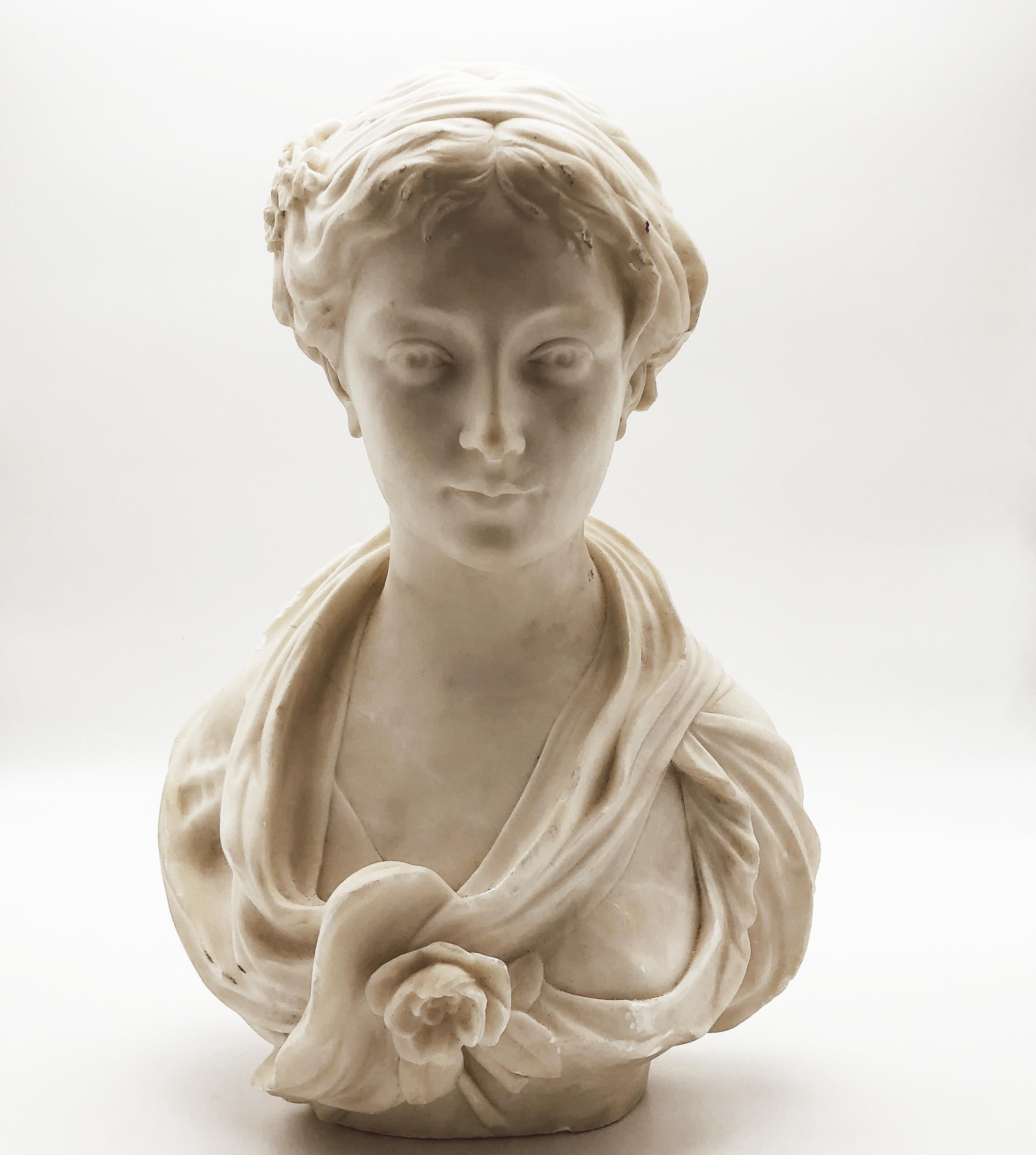 19th Century White Marble Neoclassical Sculpture of Young Woman Signed Gregoire For Sale 11