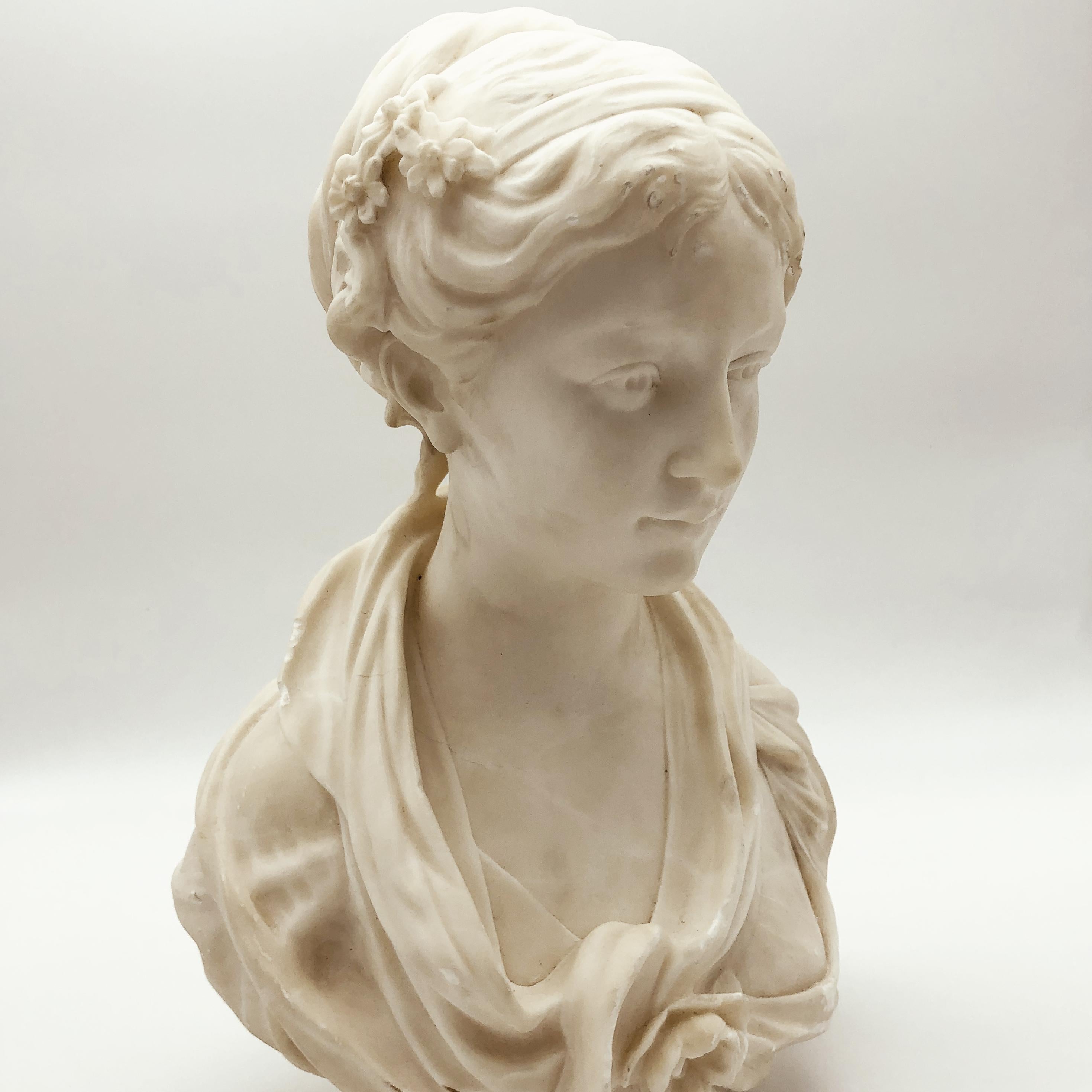 19th Century White Marble Neoclassical Sculpture of Young Woman Signed Gregoire For Sale 12