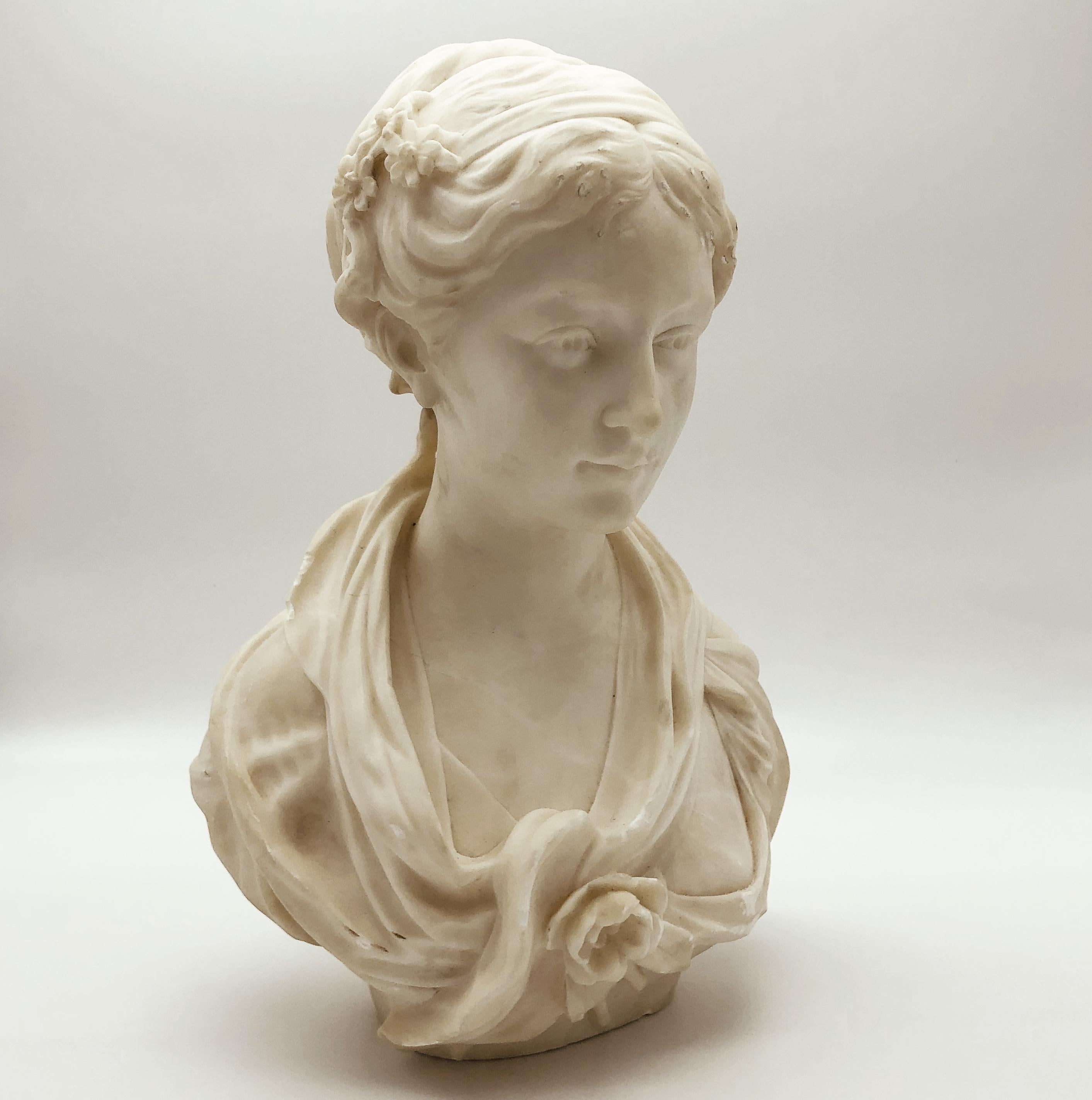 French 19th Century White Marble Neoclassical Sculpture of Young Woman Signed Gregoire For Sale