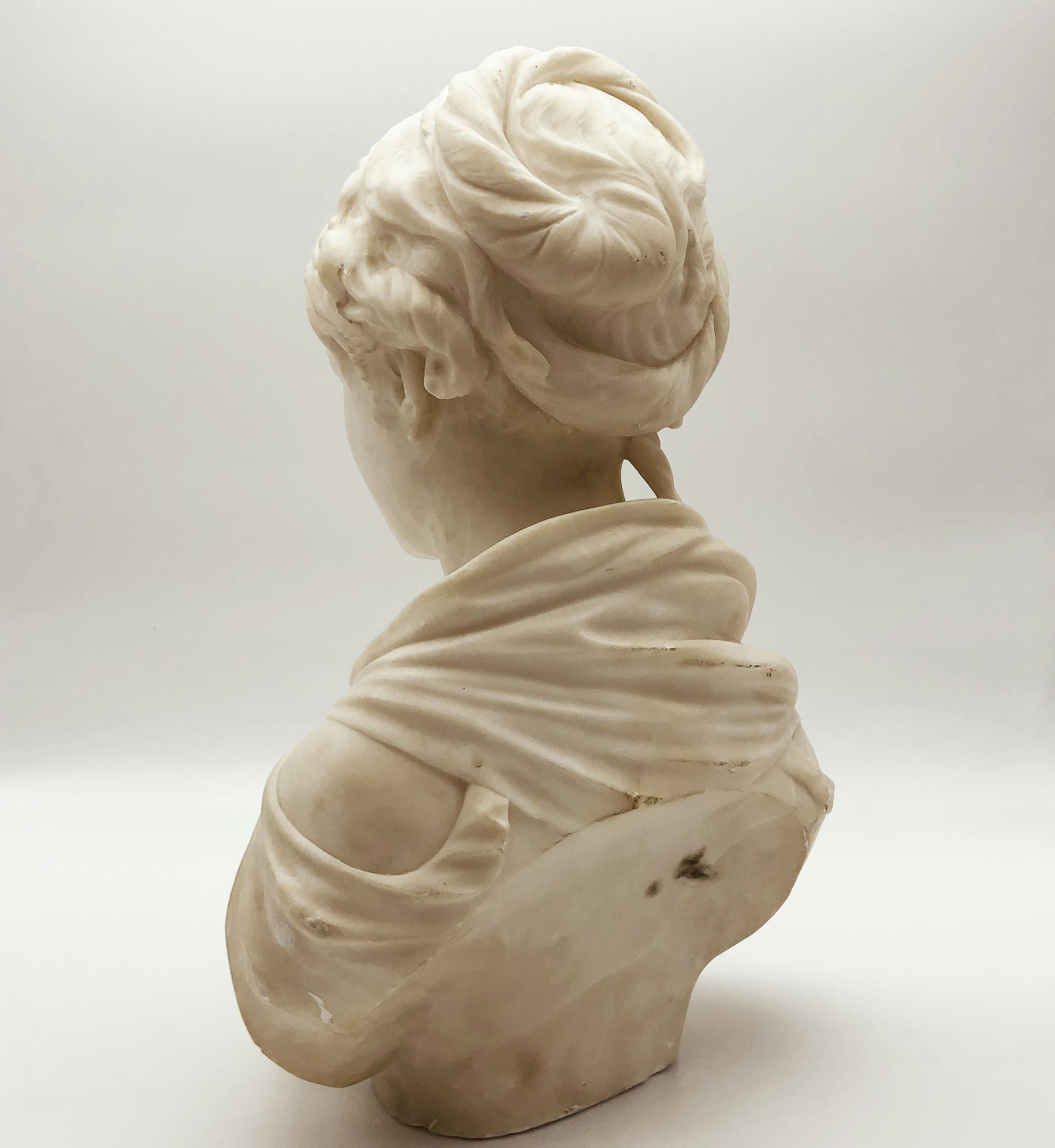 Hand-Carved 19th Century White Marble Neoclassical Sculpture of Young Woman Signed Gregoire For Sale
